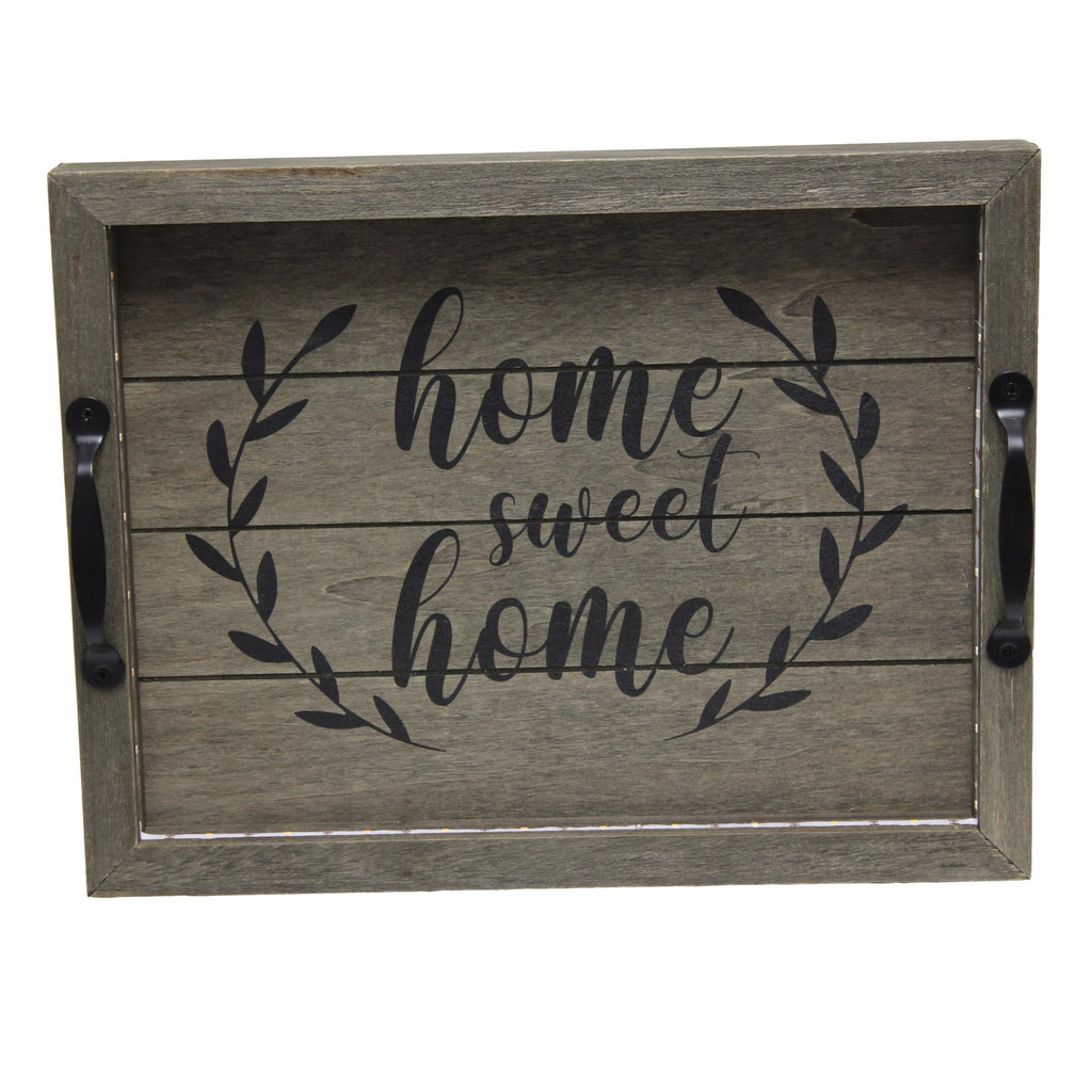 Elegant Designs Hg2032-Rgs Salento Farmhouse Rectangular Decorative Led Light Up Wooden Serving Tray W Metal Handles & Home Sweet Home In Black For Décor, Centerpiece, Breakfast, Bar, Rustic Gray