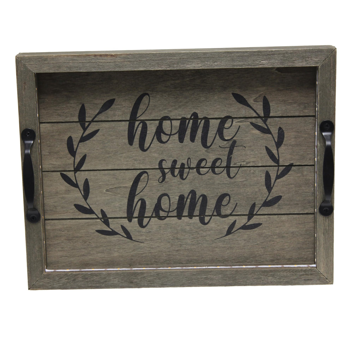 Elegant Designs Hg2032-Rgs Salento Farmhouse Rectangular Decorative Led Light Up Wooden Serving Tray W Metal Handles & Home Sweet Home In Black For Décor, Centerpiece, Breakfast, Bar, Rustic Gray