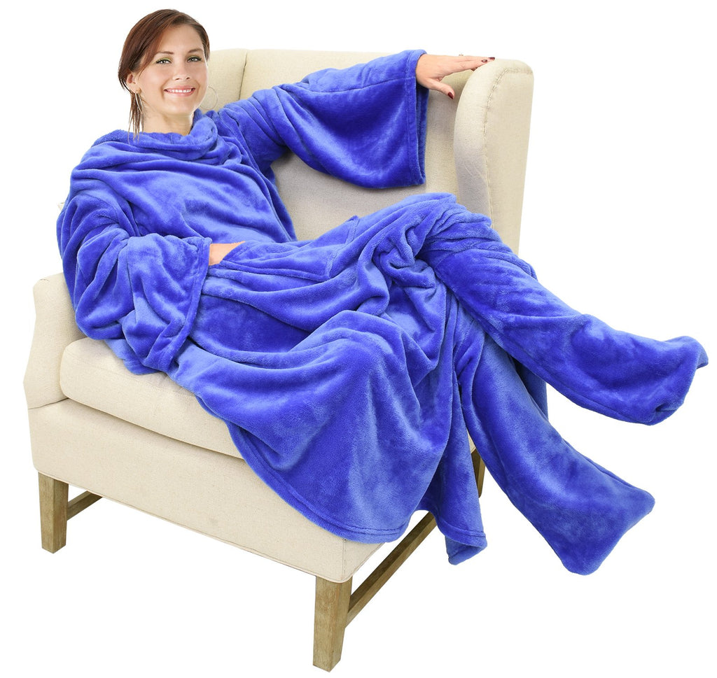 Catalonia Plaid White Wearable Fleece Blanket With Sleeves And Foot Pockets For Adult Women Men, Micro Plush Comfy Wrap Sleeved