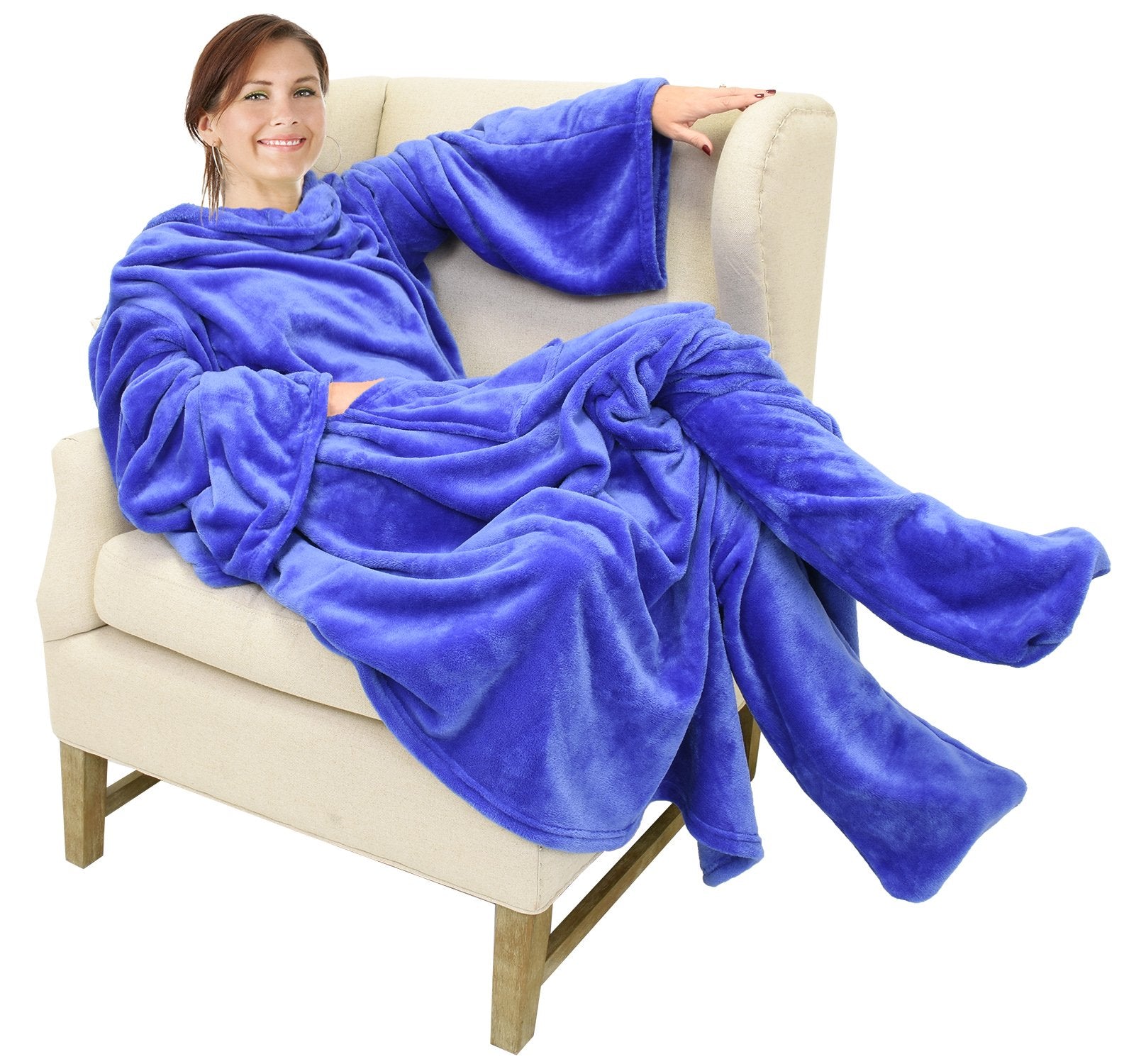 Catalonia Plaid White Wearable Fleece Blanket With Sleeves And Foot Pockets For Adult Women Men, Micro Plush Comfy Wrap Sleeved