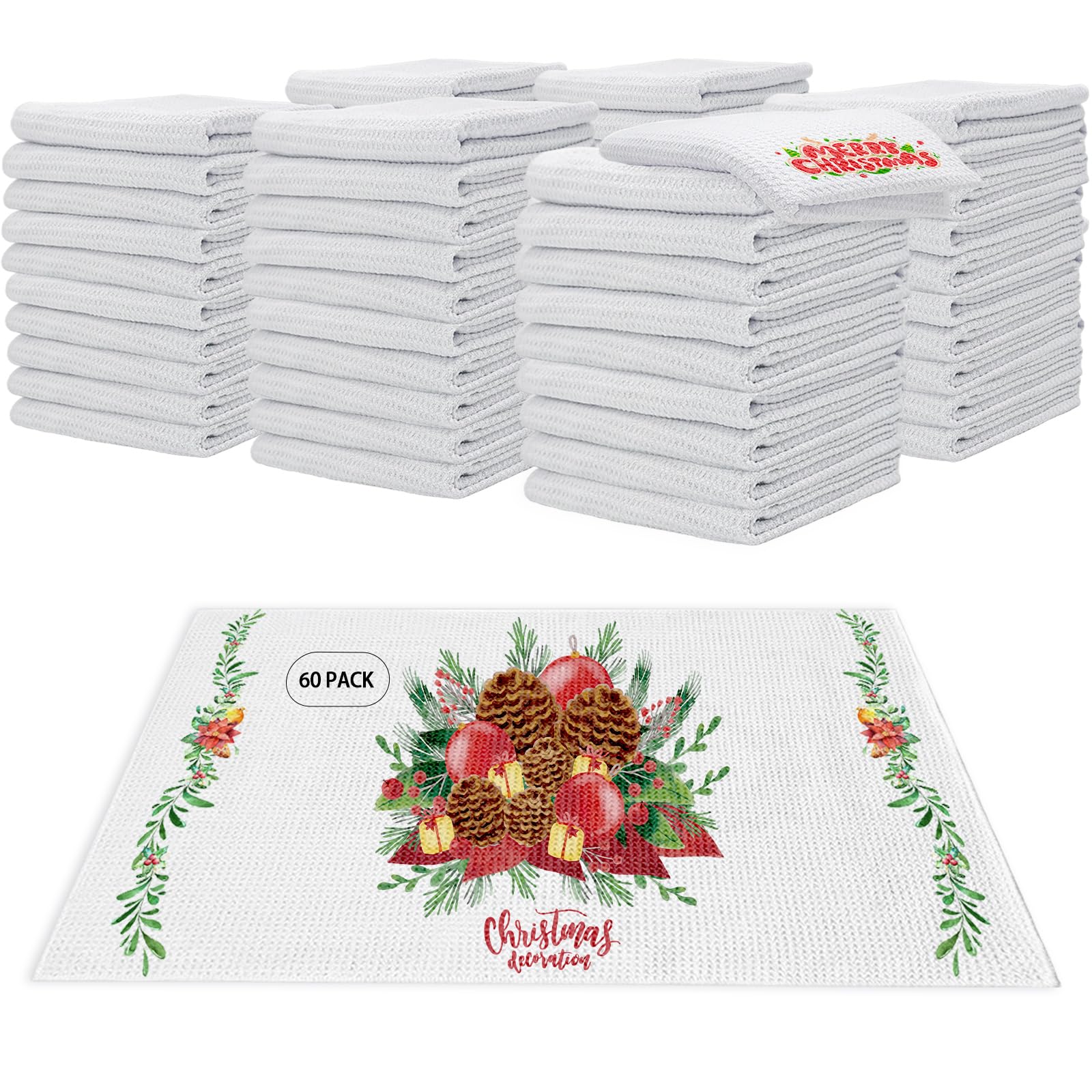 YOUKE OLA 60 Pack Sublimation White Towels Waffle Weave Kitchen Towels Blanks Microfiber Dish Drying Towel for Heat Transfer 16 