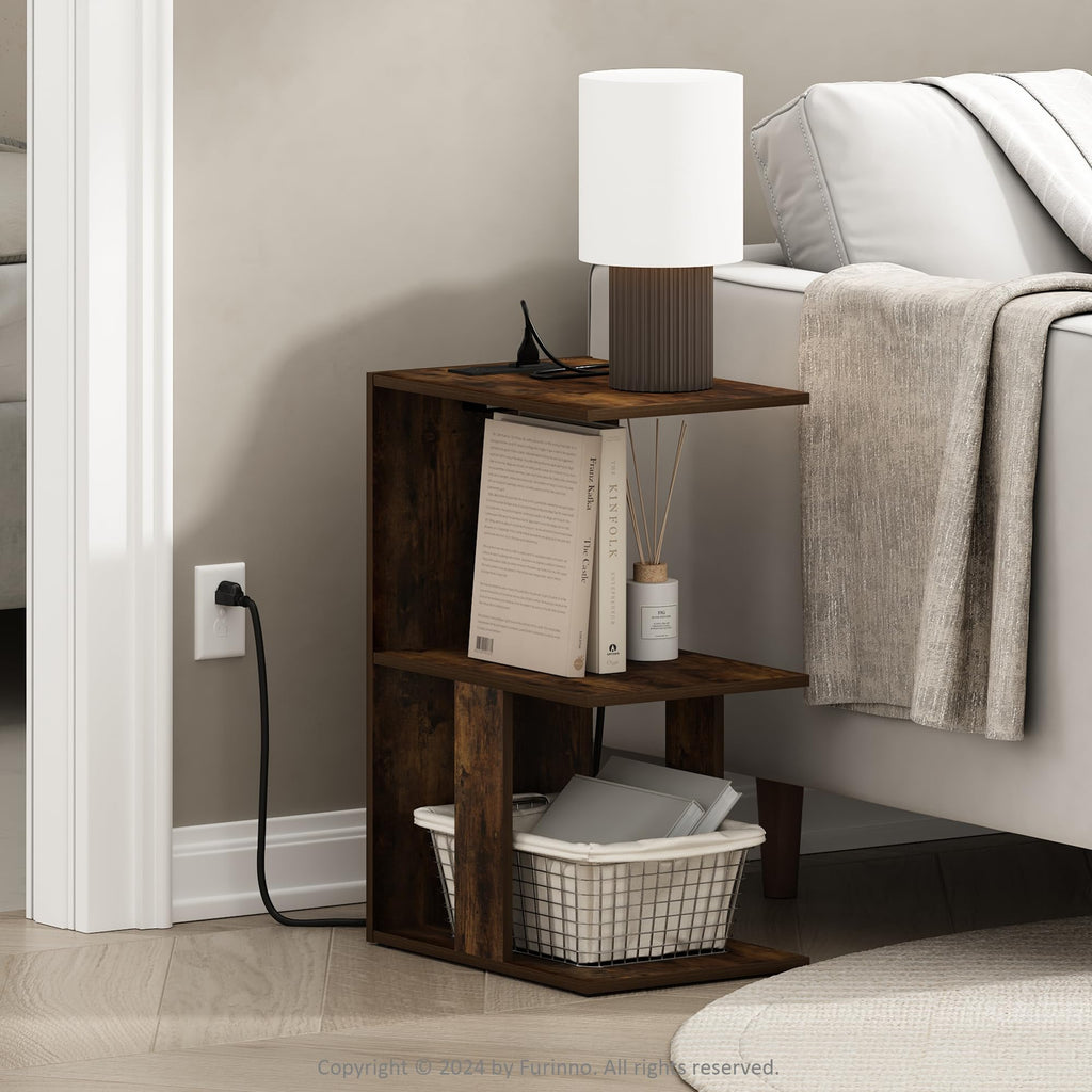 Furinno Boyate Open Storage Sofa Side Table, End Table with USB and Type-C Charging Port, Amber Pine