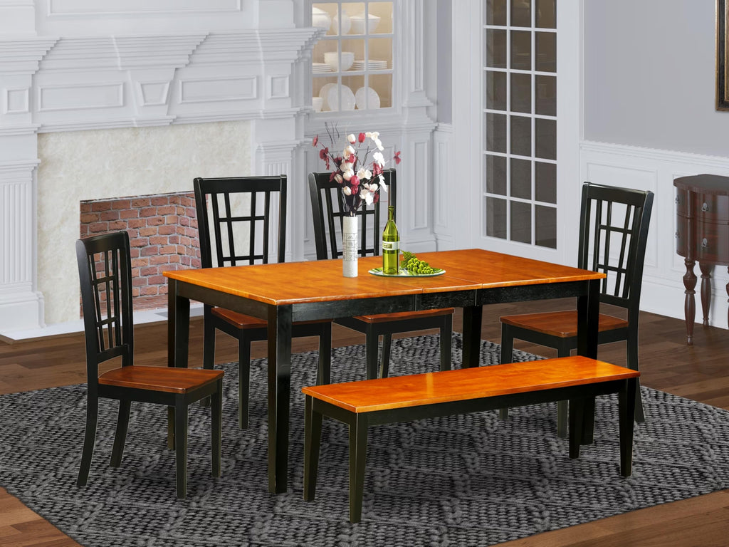 East West Furniture NICO6-BLK-W 6 Piece Set Contains a Rectangle Dining Room Table with Butterfly Leaf and 4 Wooden Seat Chairs with a Bench, 36x66 Inch