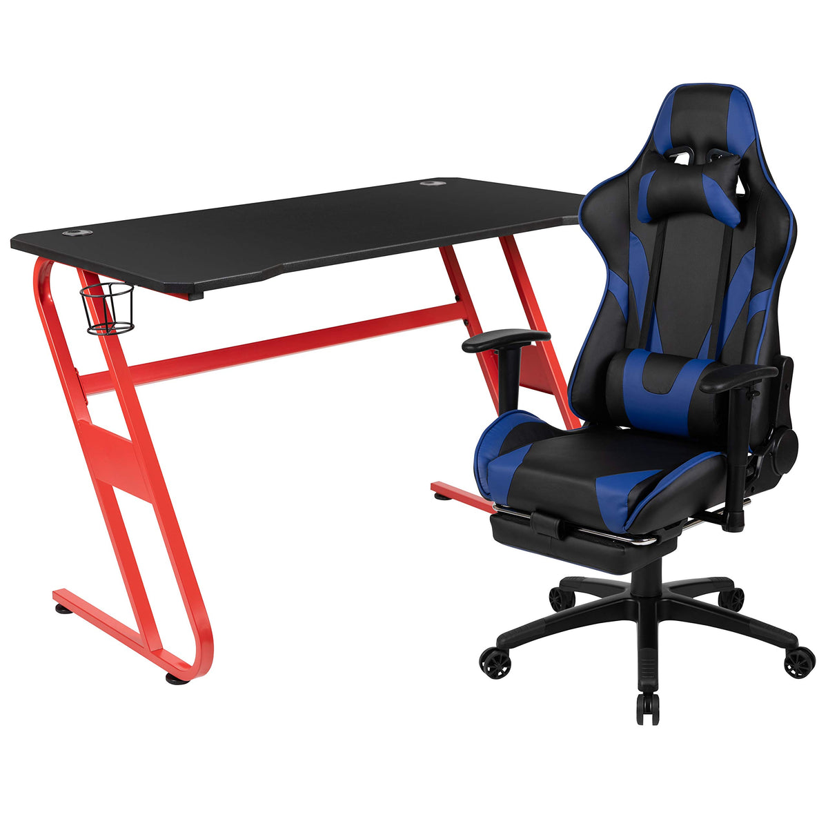 Flash Furniture Red Gaming Desk With Cup Holder/Headphone Hook & Blue Reclining Gaming Chair With Footrest