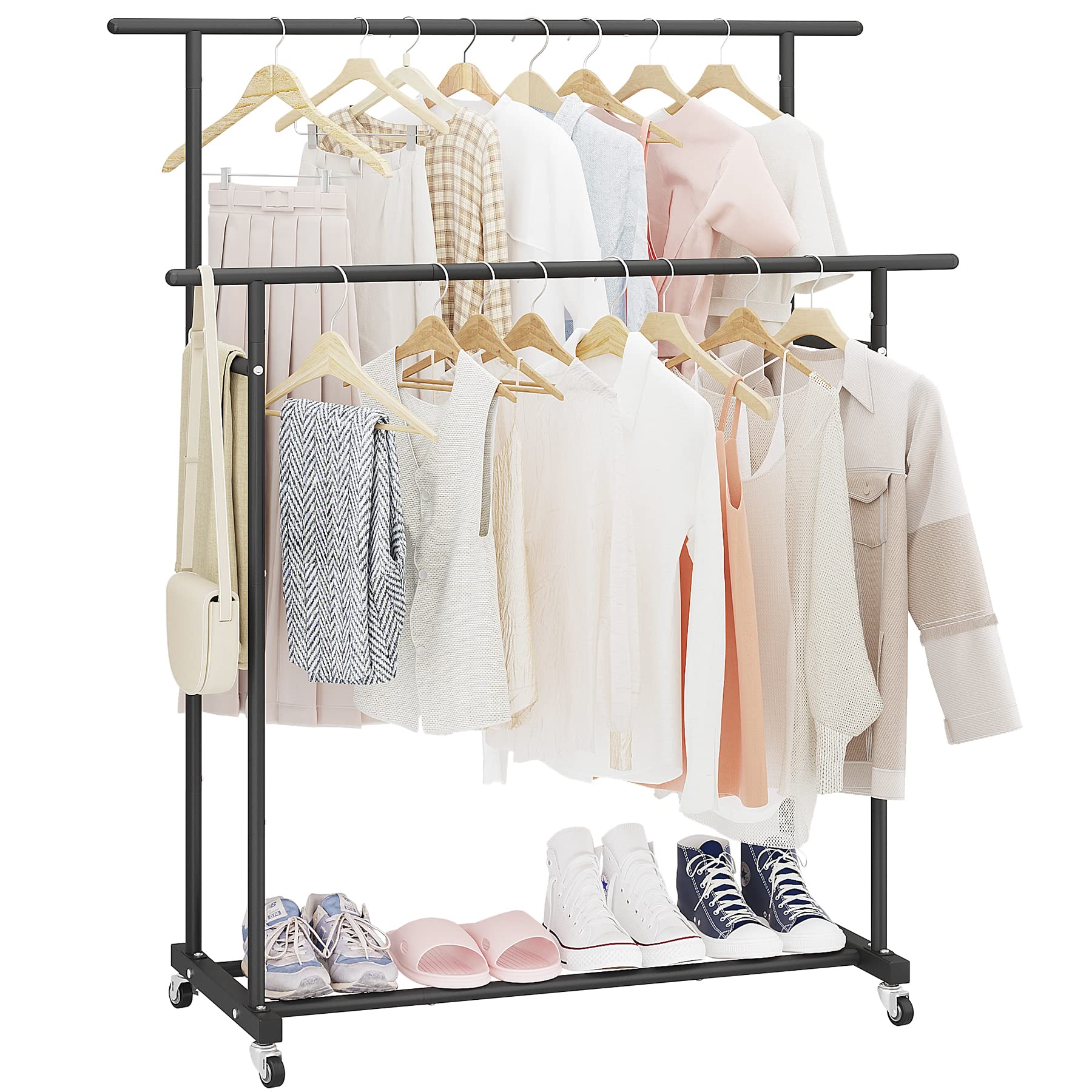 Calmootey Double Rod Clothing Garment Rack,Rolling Hanging Clothes Rack,Portable Clothes Organizer for Bedroom,Living Room,Cloth