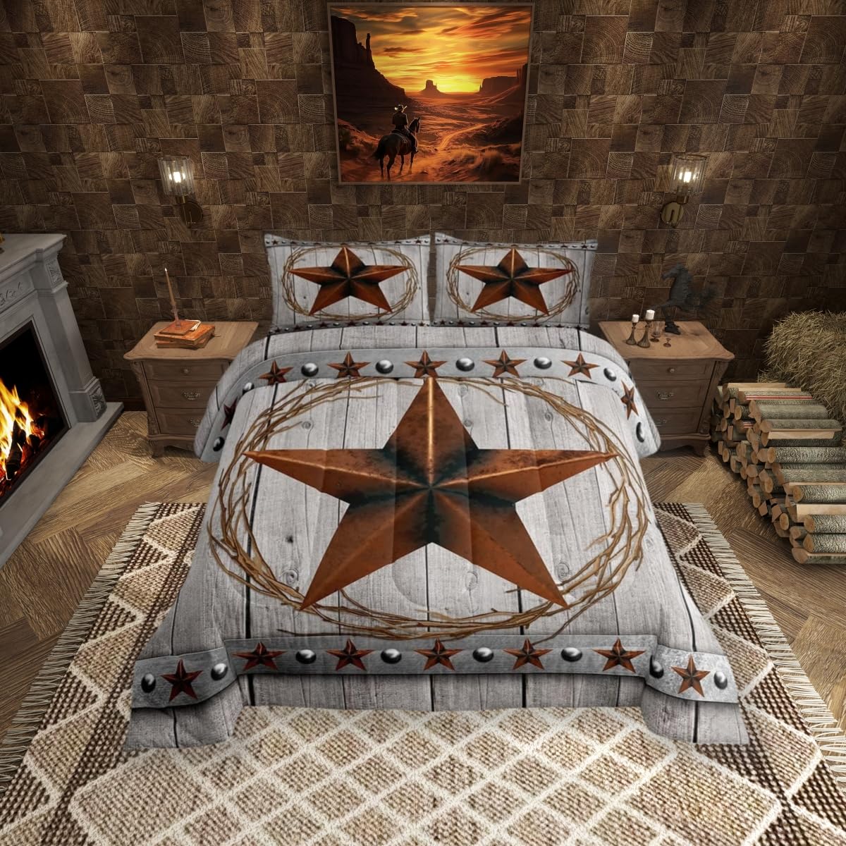 Manfei Western Texas Star Kids Comforter Set King Size,Old Wooden Barn Retro Bedding Set,Girls Boys Adults Bedroom Decor,Cowboy