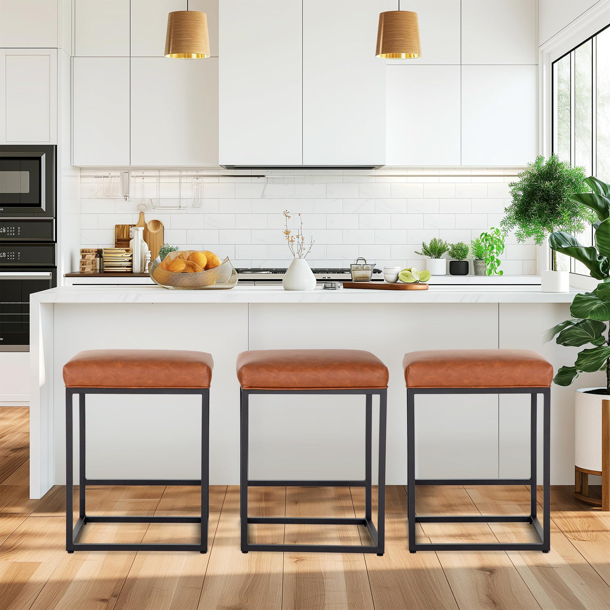 Maison Arts Counter Height Bar Stools Set Of 3 For Kitchen Counter 24 Inch Backless Modern Barstools Industrial Upholstered Faux Leather Stools Farmhouse Island Chairs, Brown