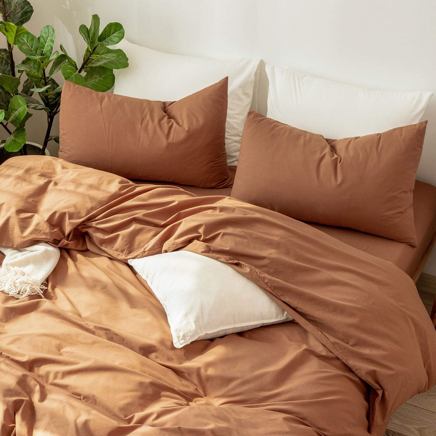 Moomee Bedding Pillowcases Pack Of 2 100% Washed Cotton Linen Like Textured Breathable Durable Soft Comfy (Dark Orange, Queen)