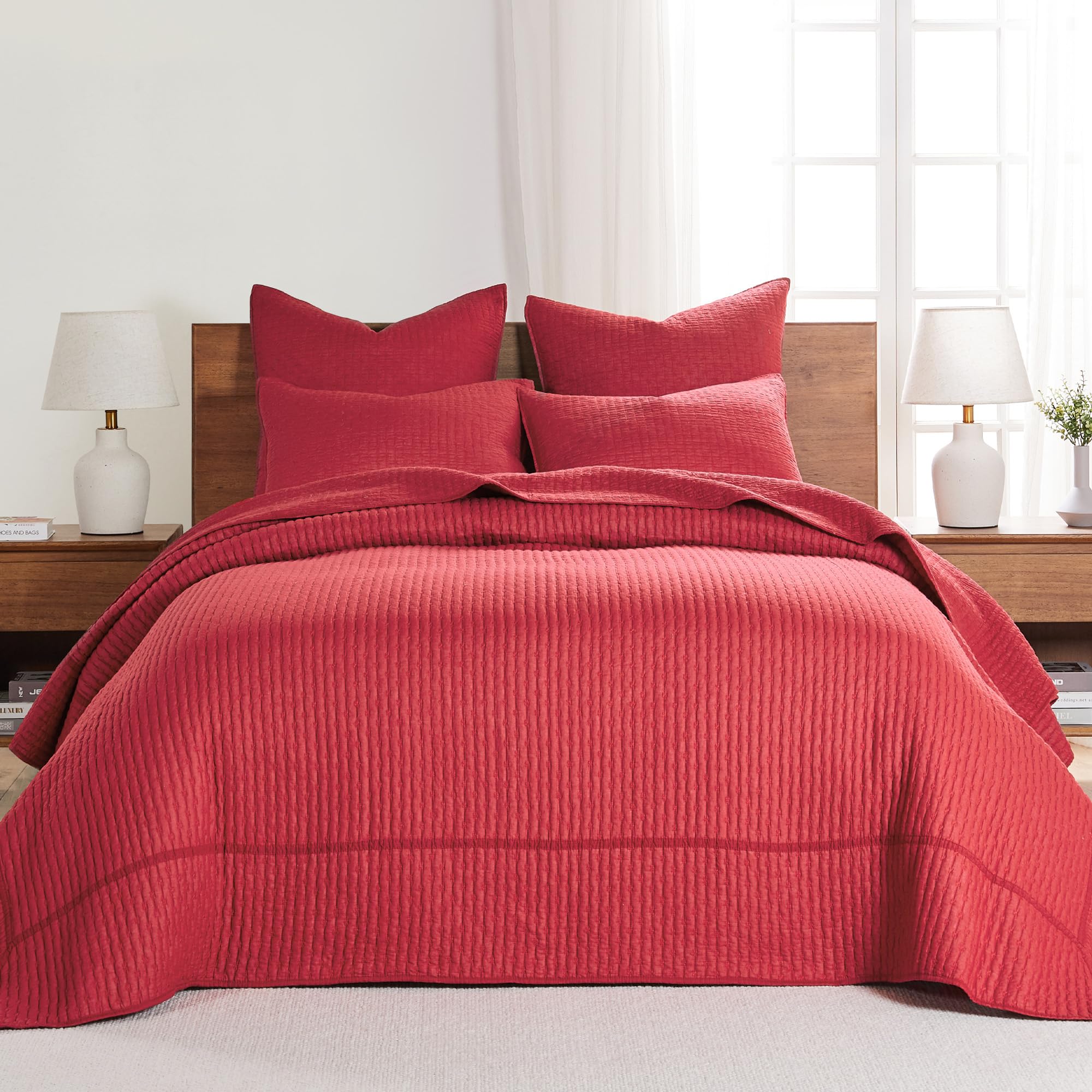 Levtex Home - Cross Stitch Red Bedspread Set - Queen Quilted Bedspread And Two Standard Shams - Cross Stitch Pattern - Bedspread