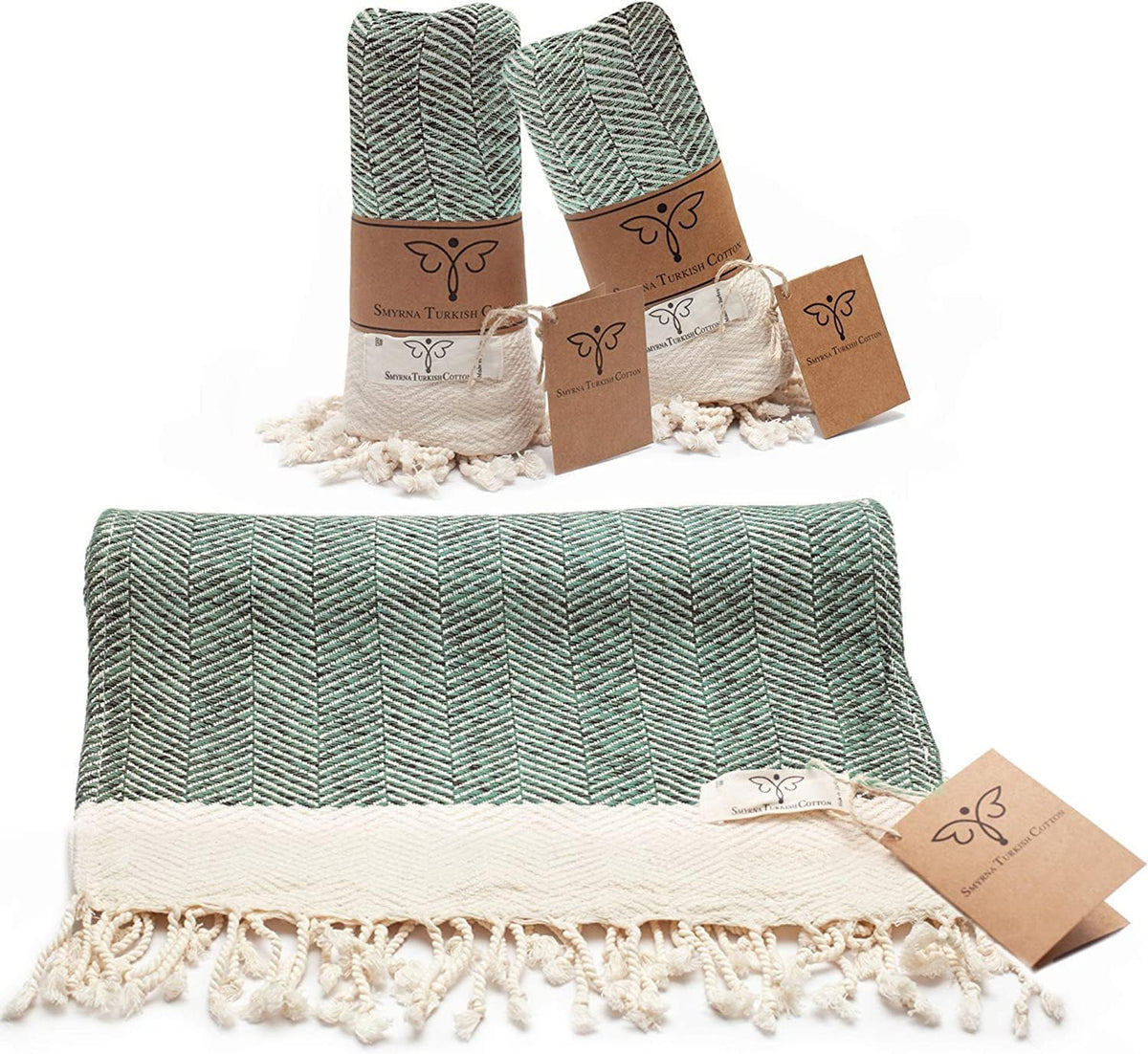SMYRNA TURKISH COTTON Herringbone Series Turkish Hand Towels Set of 2, 16x40 inch, Decorative Turkish Hand Towels for Bathroom, 