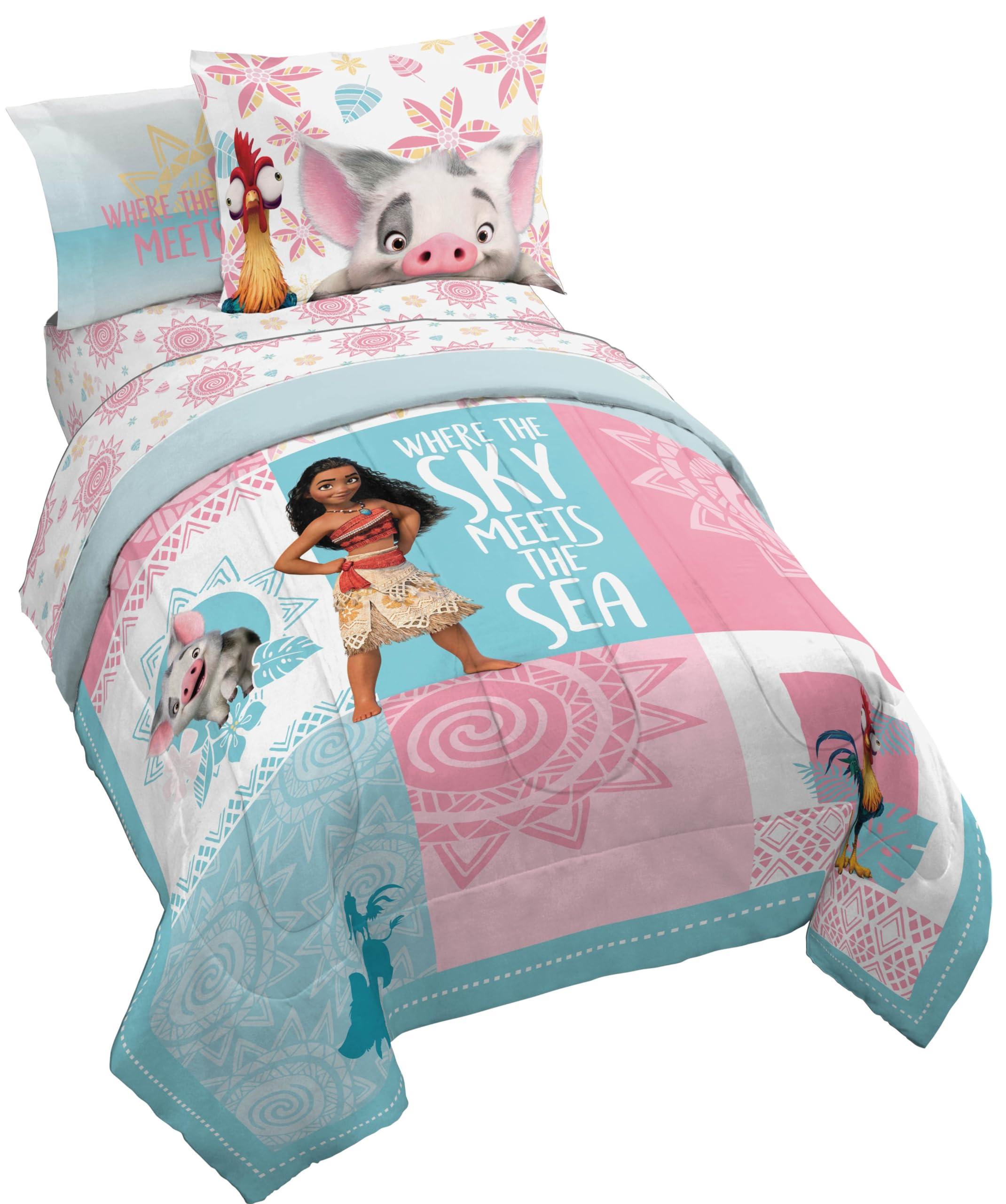 Jay Franco Disney Moana Twin Comforter Set  Tropical Patchwork 5 Piece Bedding Features Pua And Hei Hei - Includes Sheet Set & P