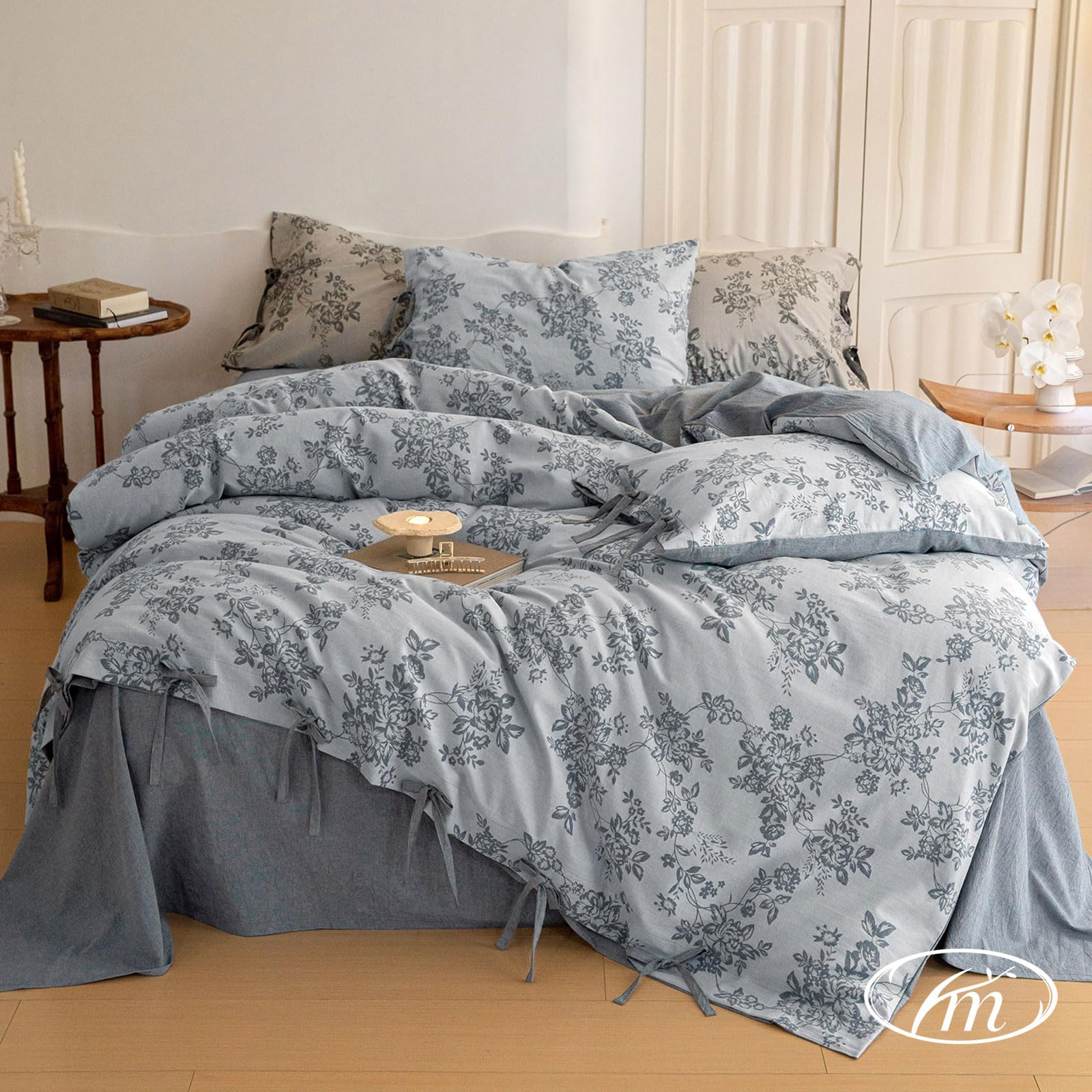 VM VOUGEMARKET Duvet Cover Set King Size Linen Cotton Yarn-Dyed Duvet Cover,Jacquard Garden Floral Pattern Monet Style 3Pieces B
