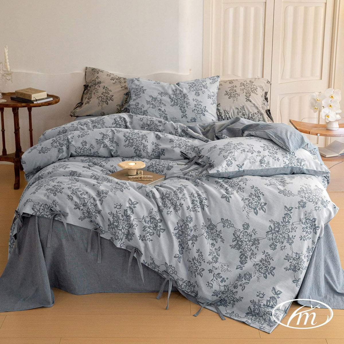 VM VOUGEMARKET Linen Duvet Cover Queen Monet Style Floral Duvet Cover Set,Jacquard Textured Comforter Cover 90''x90'' with 2 Pil