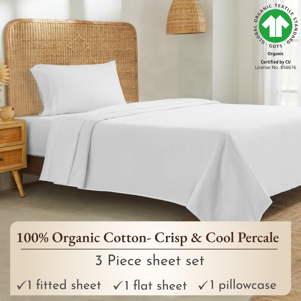 California Design Den Twin Xl Sheets Set, Deep Pockets 100% Organic Cotton Sheets, Percale Sheets, Gots Certified, Soft, Crisp & Cooling Sheets, Xl Twin Sheets, White Sheets For Dorm, Hospitals
