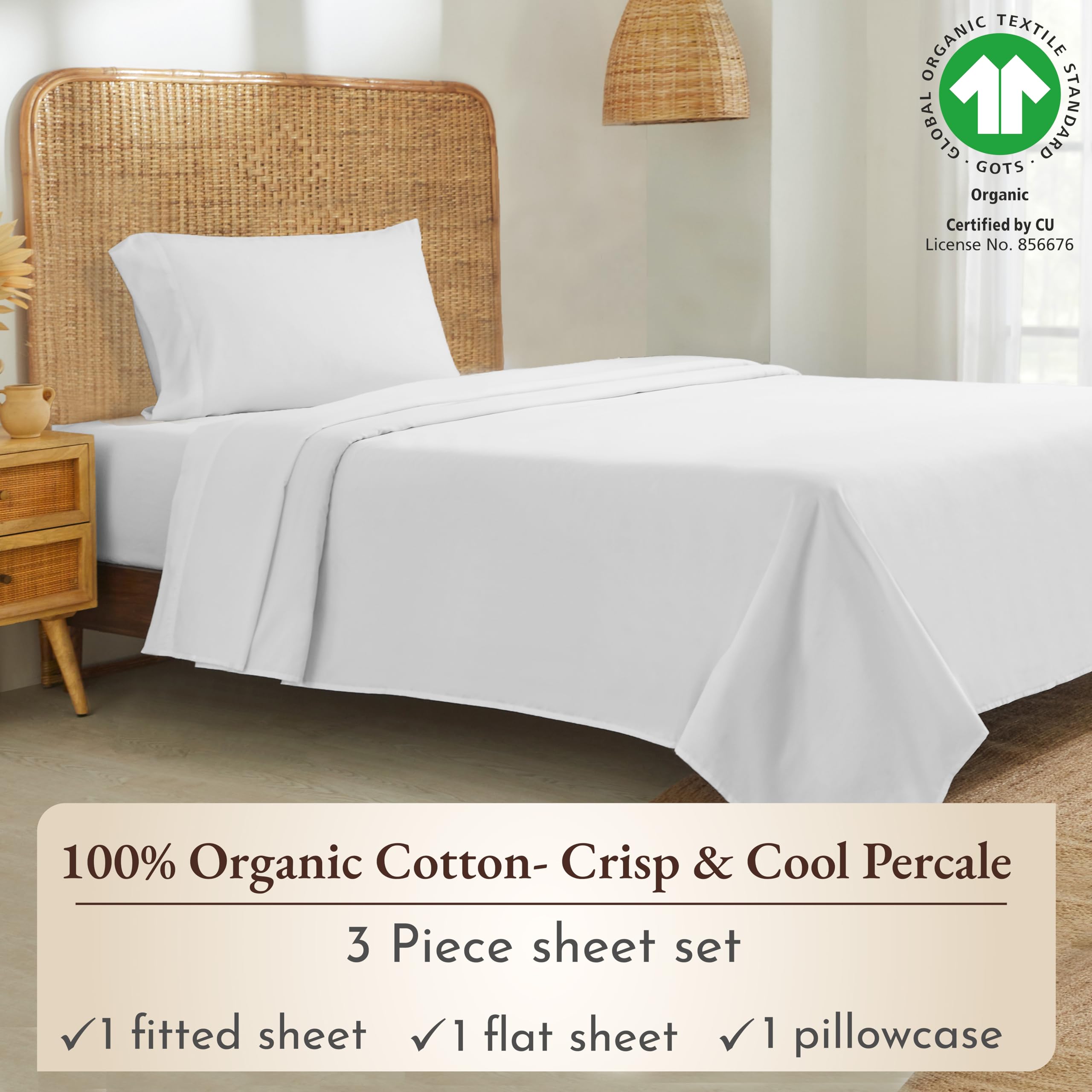 California Design Den Twin Xl Sheets Set, Deep Pockets 100% Organic Cotton Sheets, Percale Sheets, Gots Certified, Soft, Crisp & Cooling Sheets, Xl Twin Sheets, White Sheets For Dorm, Hospitals