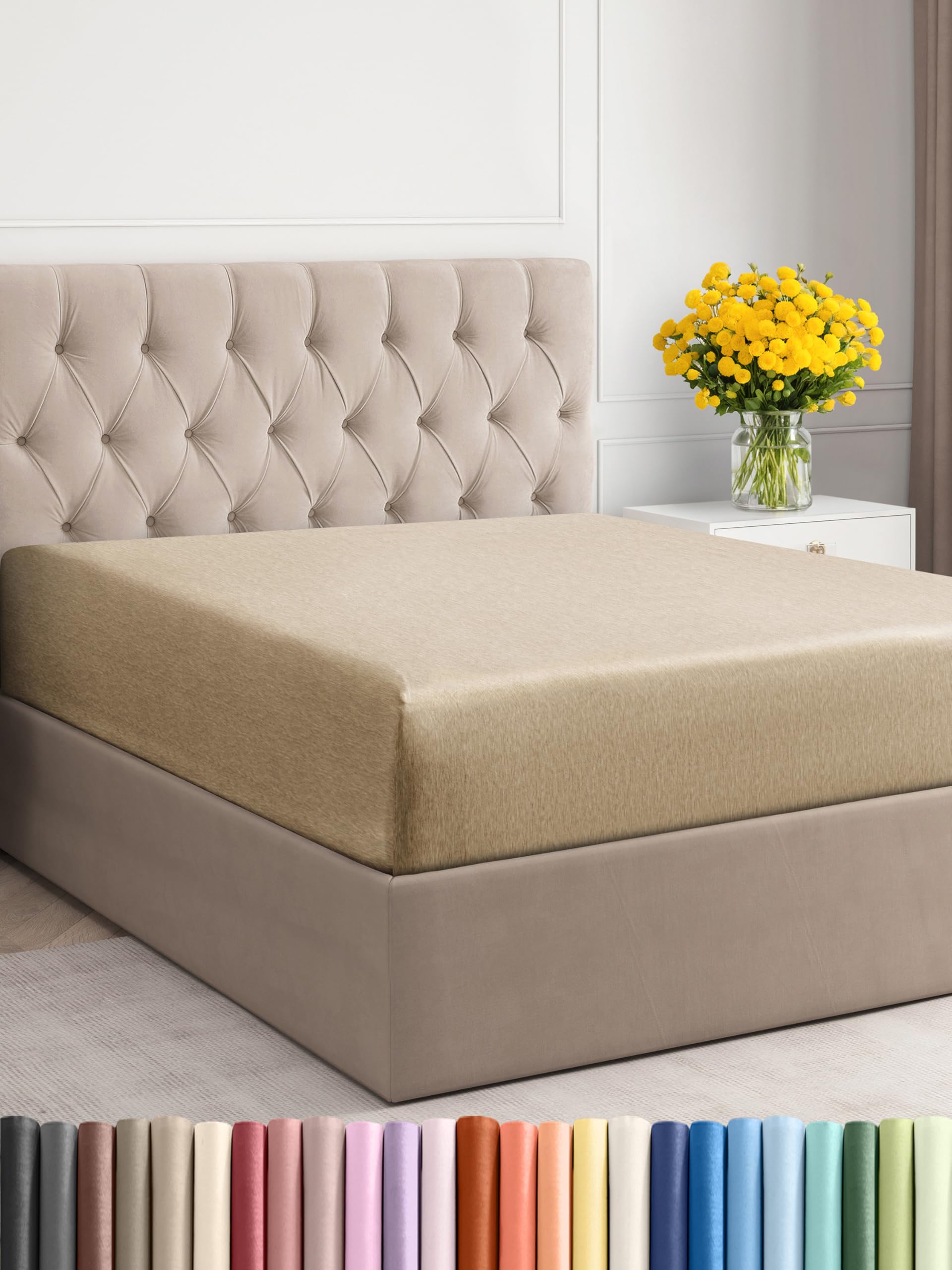 King Size Fitted Bed Sheet - Hotel Luxury Single Fitted Sheet Only - Fits Mattress Up To 16 - Extra Soft, Wrinkle Free, Breathable Sheet - Bottom Fitted Sheet - Heathered Tan Single Fitted Sheet Only