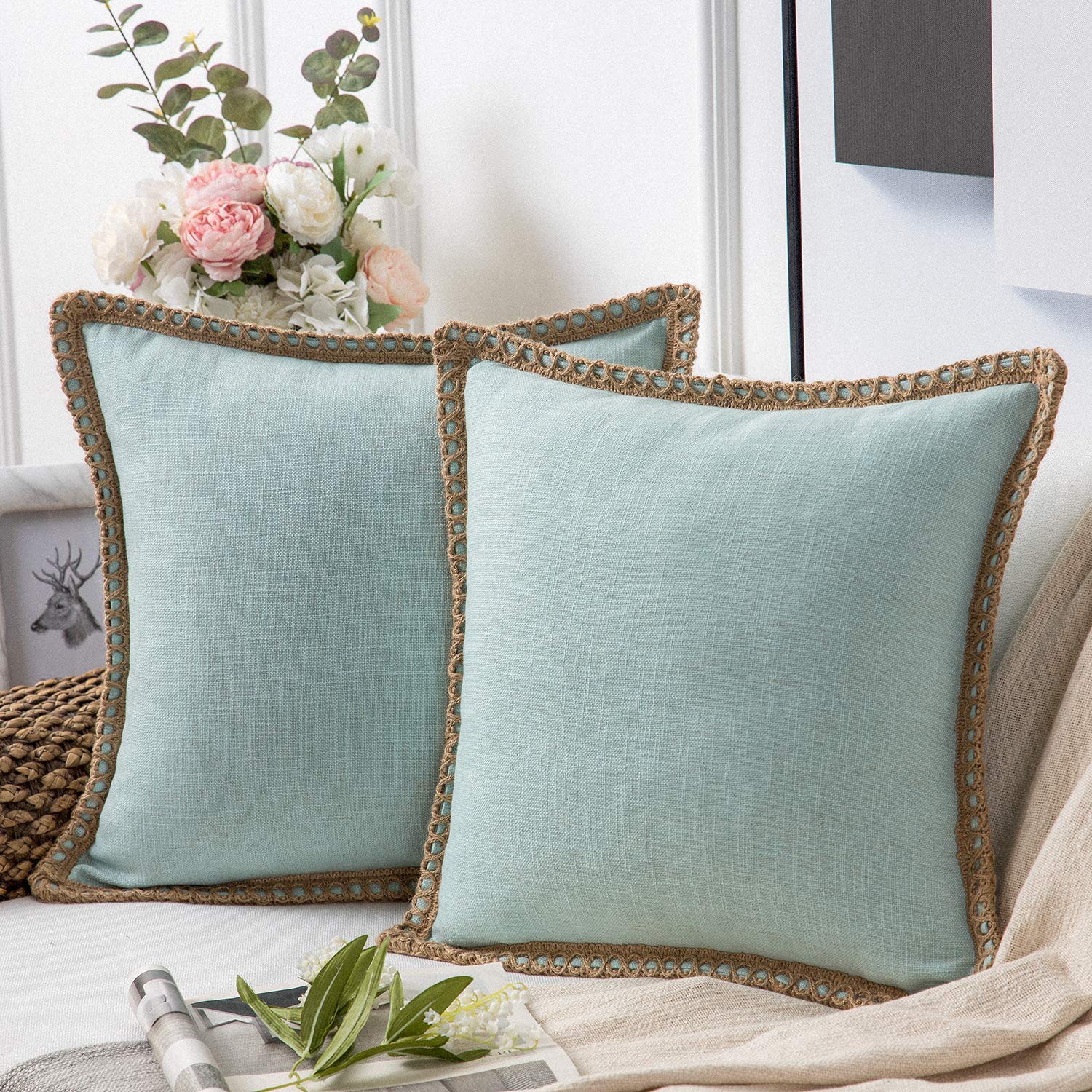 Phantoscope Pack Of 2 Farmhouse Decorative Throw Decorative Pillow Cover Burlap Linen Trimmed Tailored Edges Light Turquoise, Pl