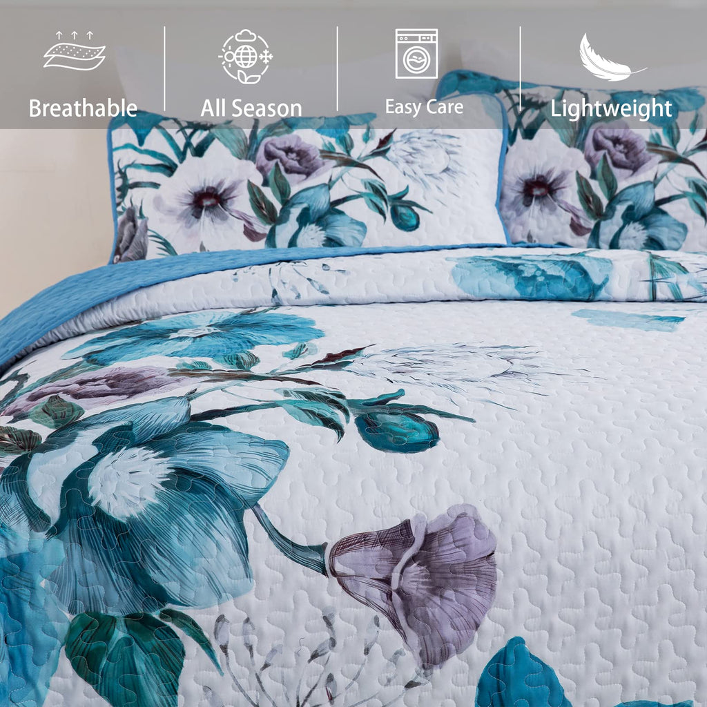 Drucon Floral Quilt Set King 3 Pieces Boho Blue Floral Quilt Coverlet Set Soft Microfiber Lightweight Blue Quilted Bedspread For
