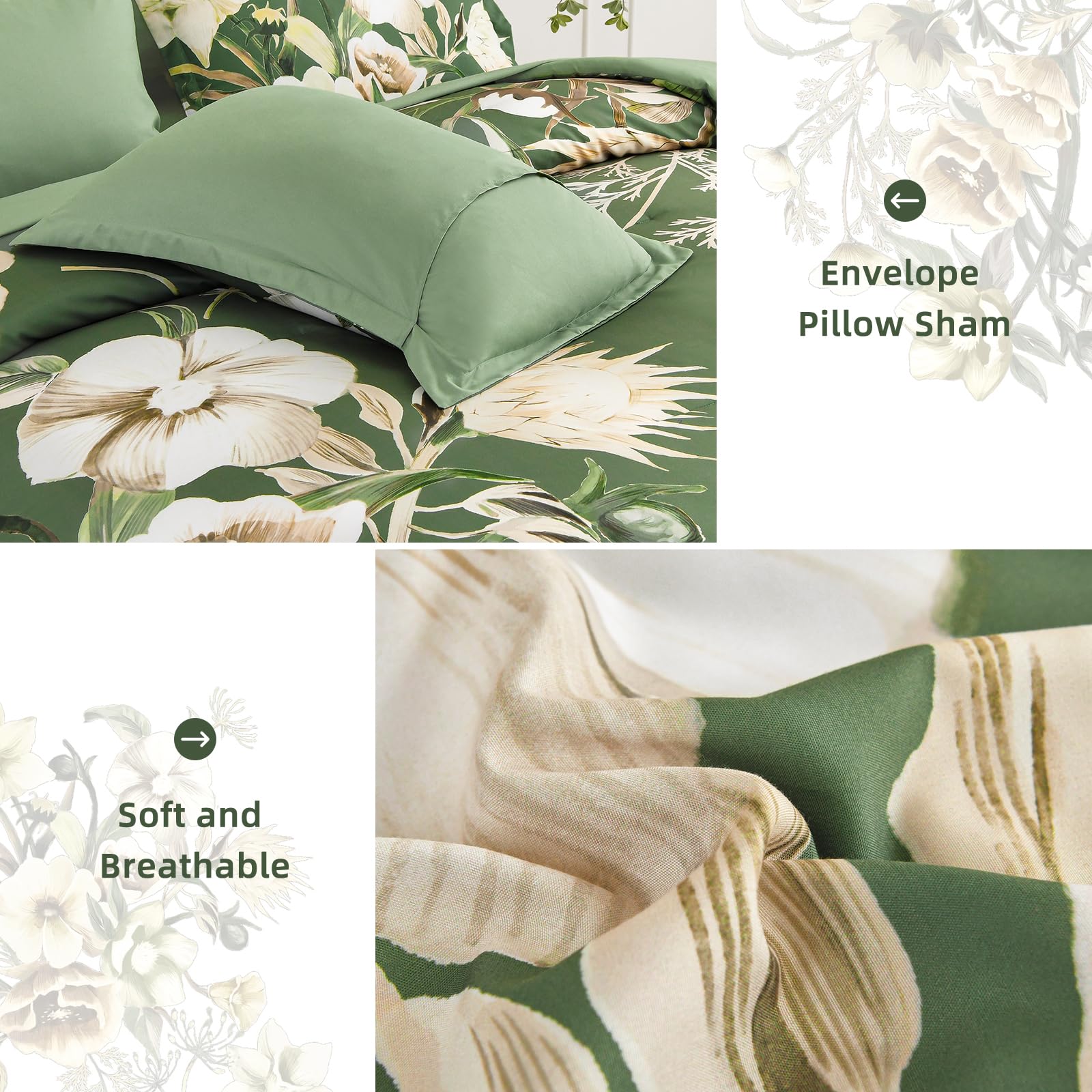 Luxudecor Floral Comforter Set Queen Size 7 Piece, Olive Green Flower Bed In A Bag, Elegant Comforter Bedding Set For All Season