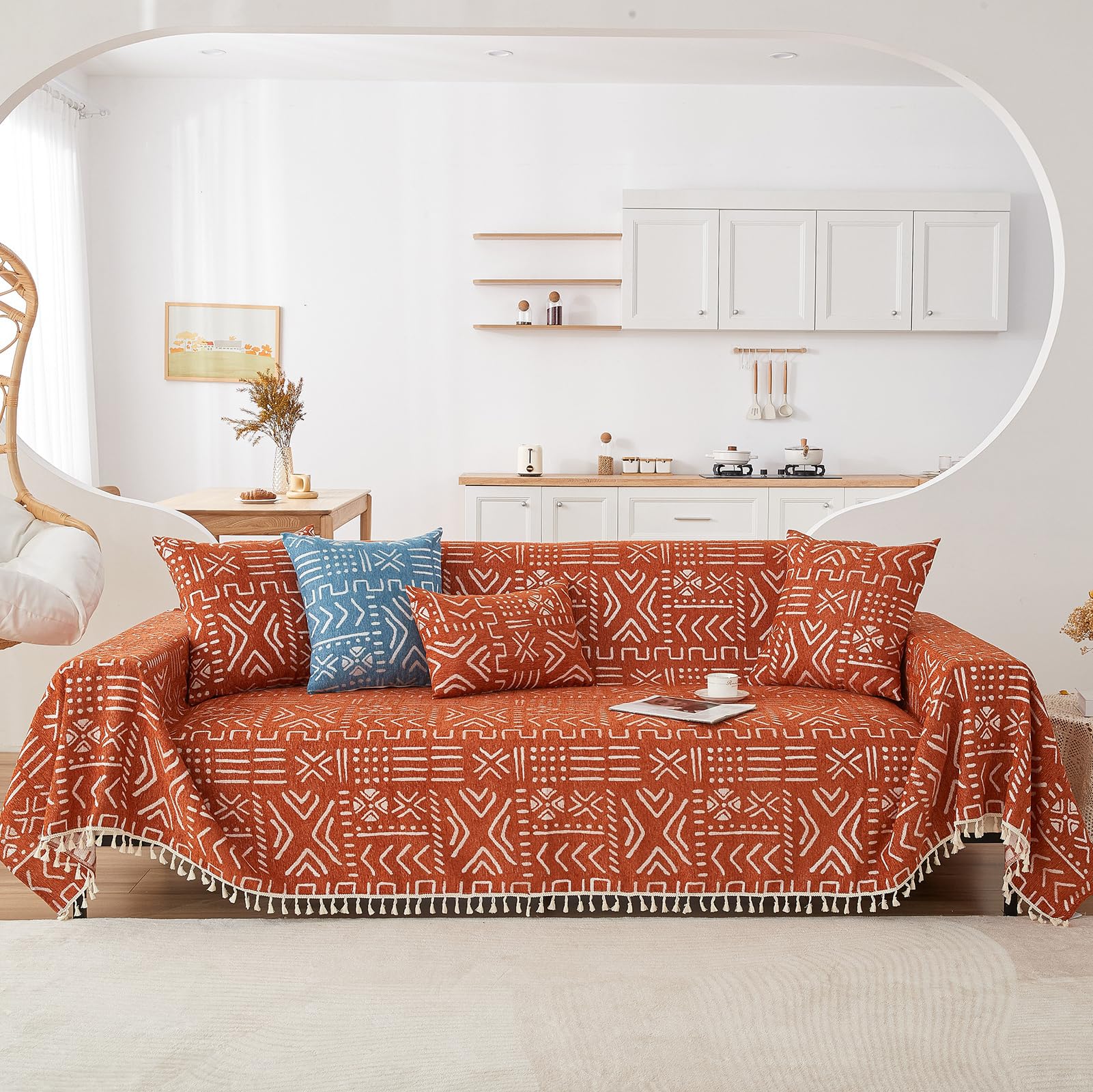 Handontime Boho Aztec Sofa Slipcovers For Sofa/Couch Farmhouse Geometric Couch Protector For Dogs With Tassel Brick Orange Dog Couch Cover Sectional Sofa Cover Bohemian Decor For Sofa, 71' X118'
