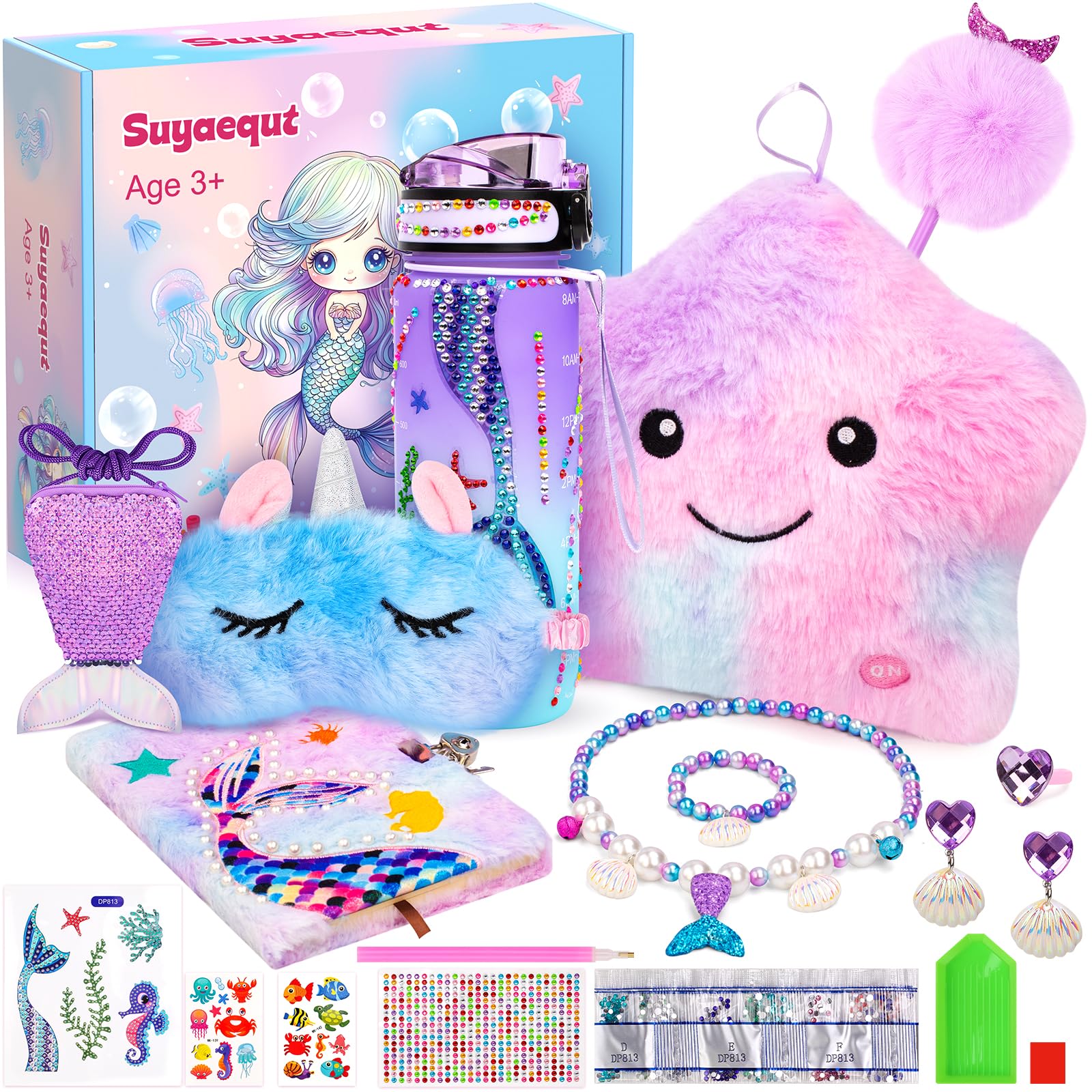 Suyaequt Mermaid Toys Gifts for Girls Age 4-6 7 8 9 10, Unique Girls Birthday Gifts Set with Locked Diary, Kids Purse, Plush Lig