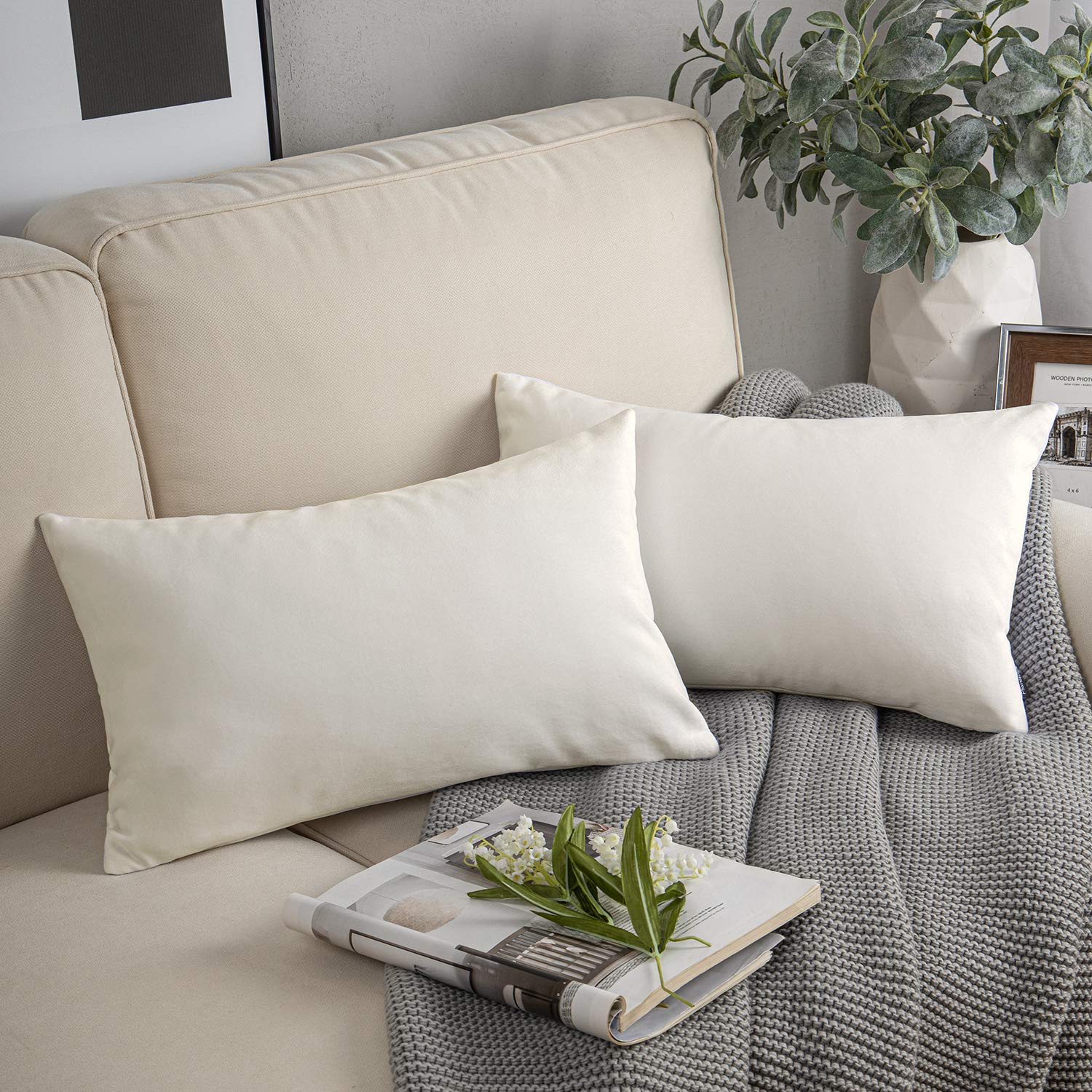 Phantoscope Pack Of 2 Velvet Decorative Throw Decorative Pillow Cover Soft Solid Square Cushion Case For Couch Off White 12 X 20