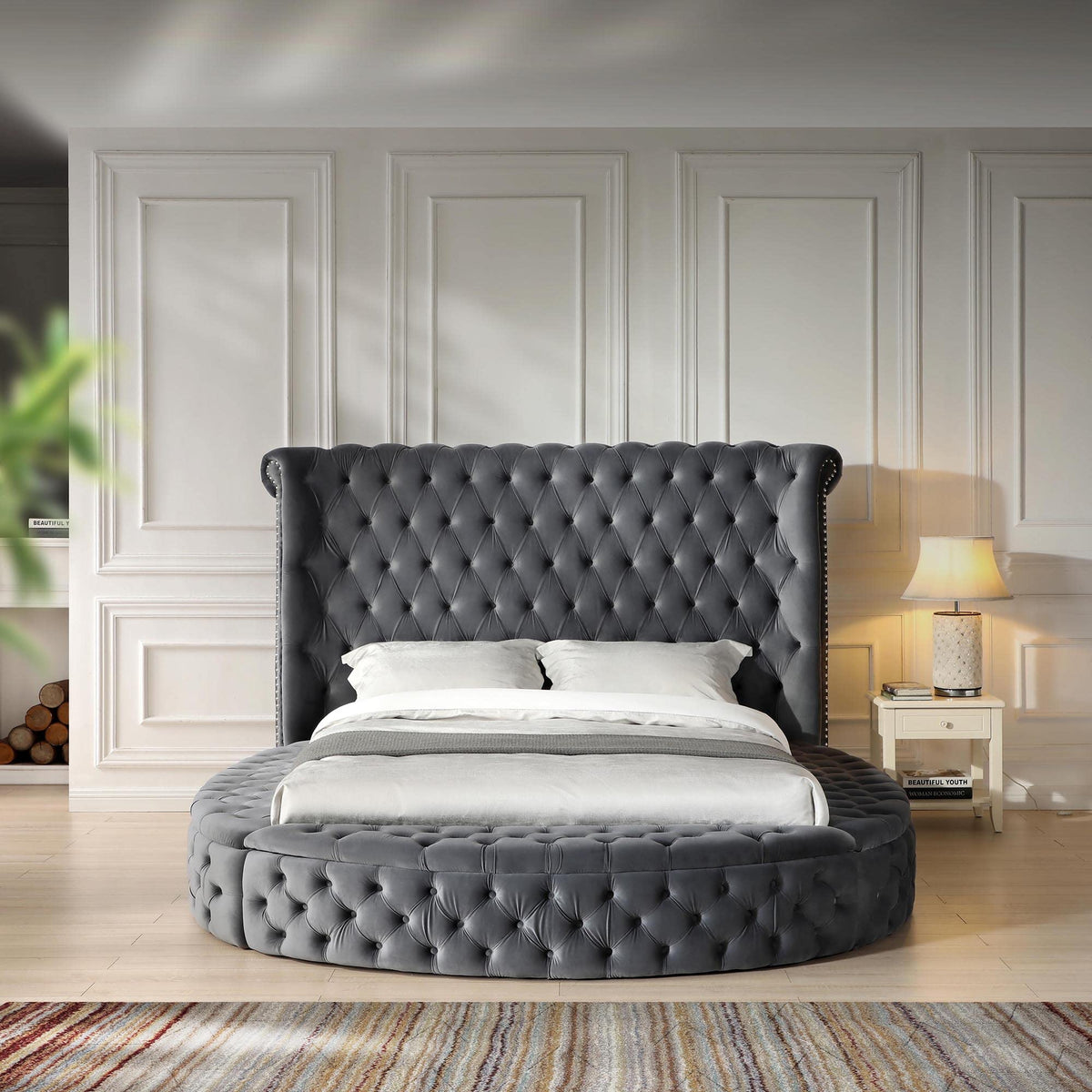 Better Home Products Elizabeth Upholstered Round Storage Queen Bed in Gray