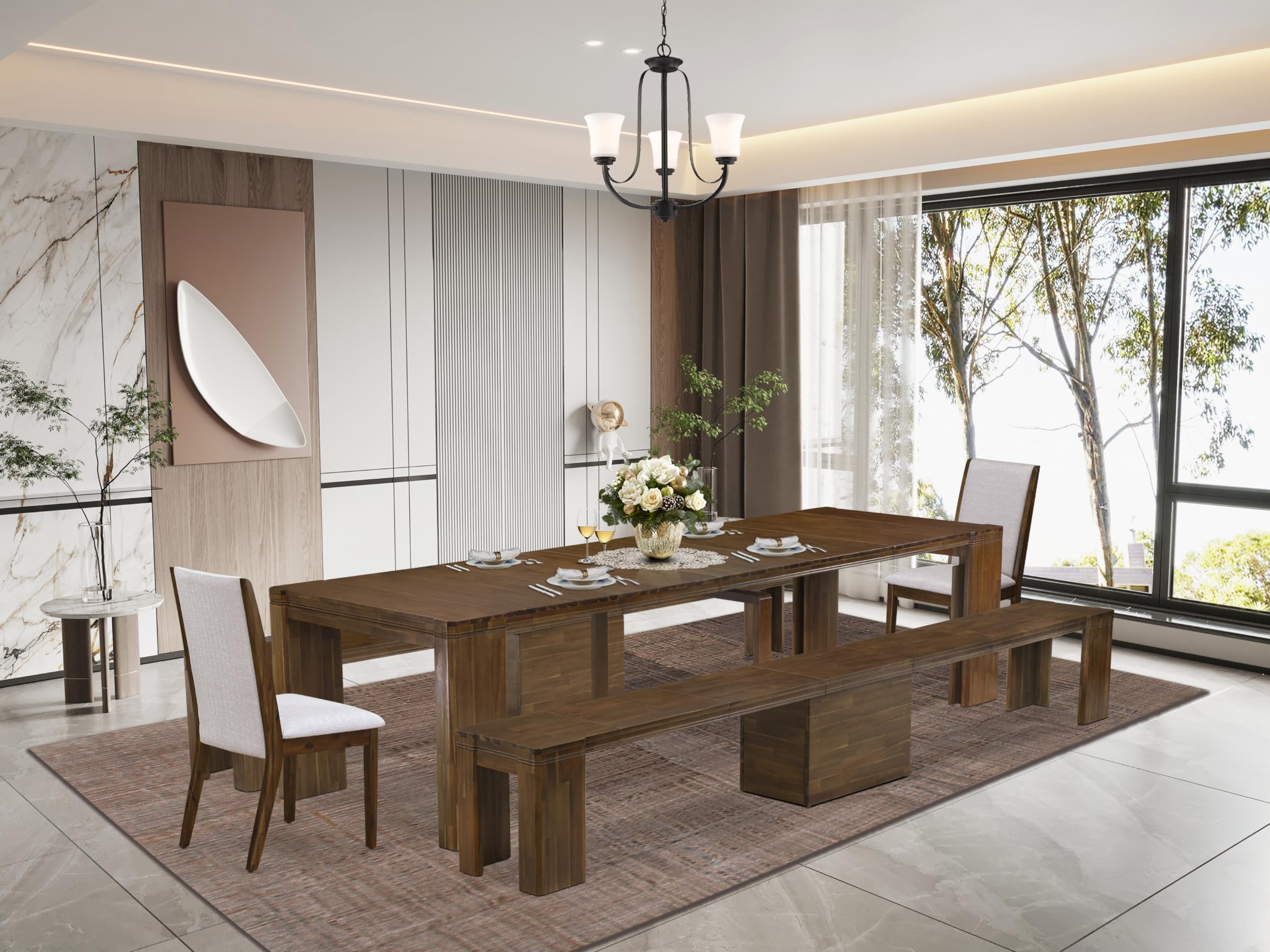 Luxe by East West Furniture - X02LA-208-05 - 5 Pieces Modern Dining Table Set includes an Extendable Rectangle Kitchen Table, 2 Dining Chairs and 2 Modern Benches, 39x120 Inch, Antique Walnut