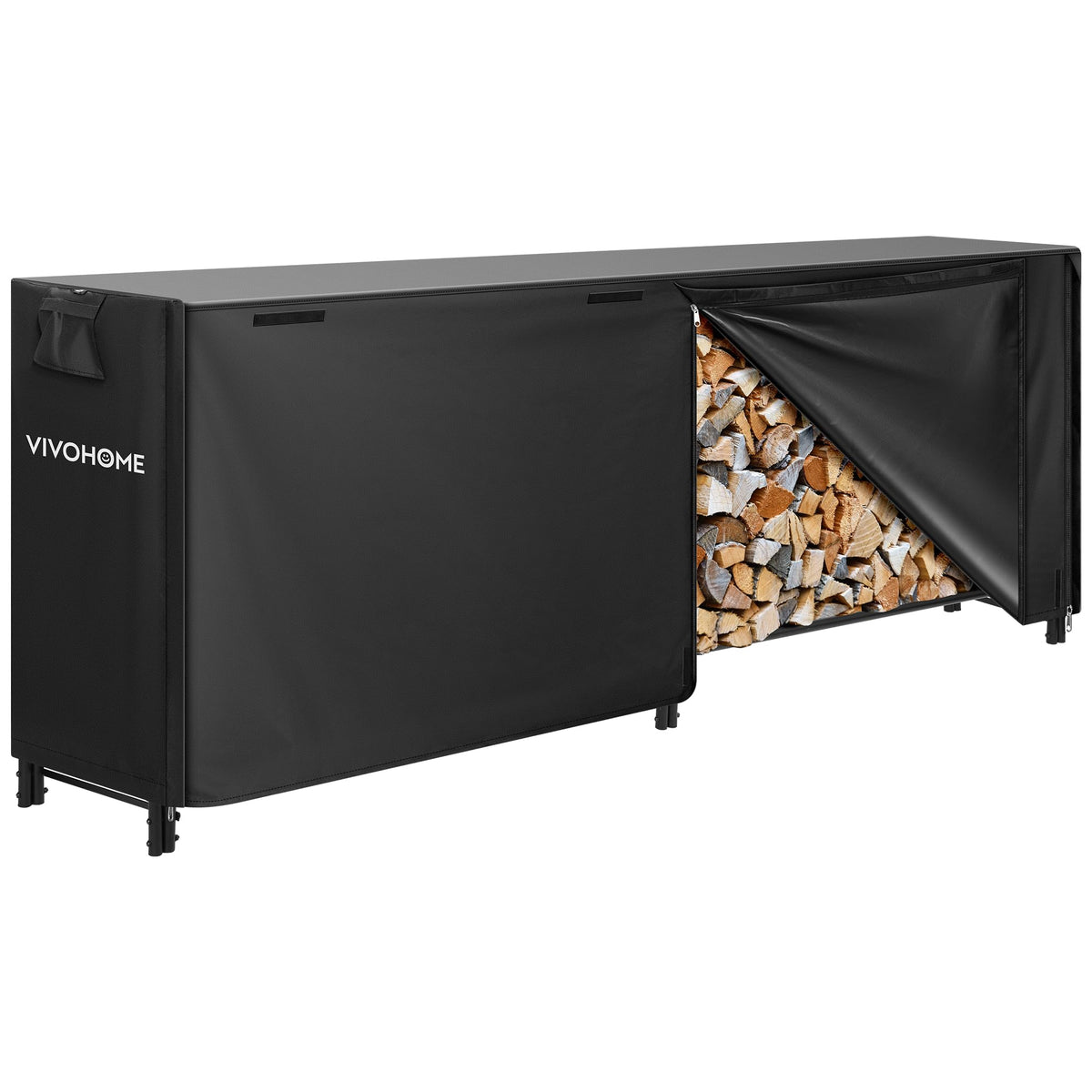 Vivohome 8Ft Heavy Duty Indoor Outdoor Firewood Storage Log Rack With Cover Combo Set Black