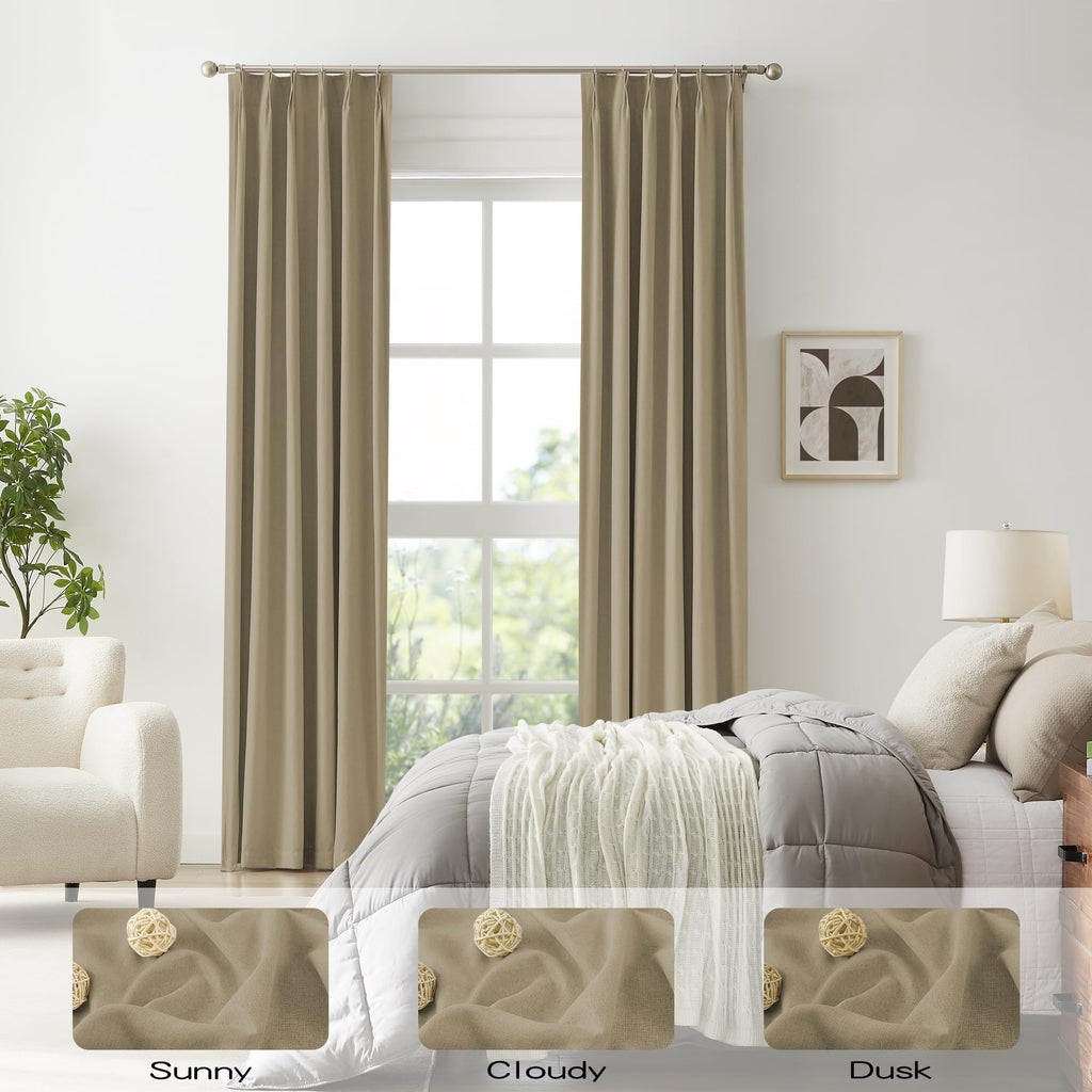 Dualife Luxury Blackout Curtains For Bedroom 96 Inches Long Taupe, Pinch Pleated Linen Blend Farmhouse 100% Blackout Thermal Ins