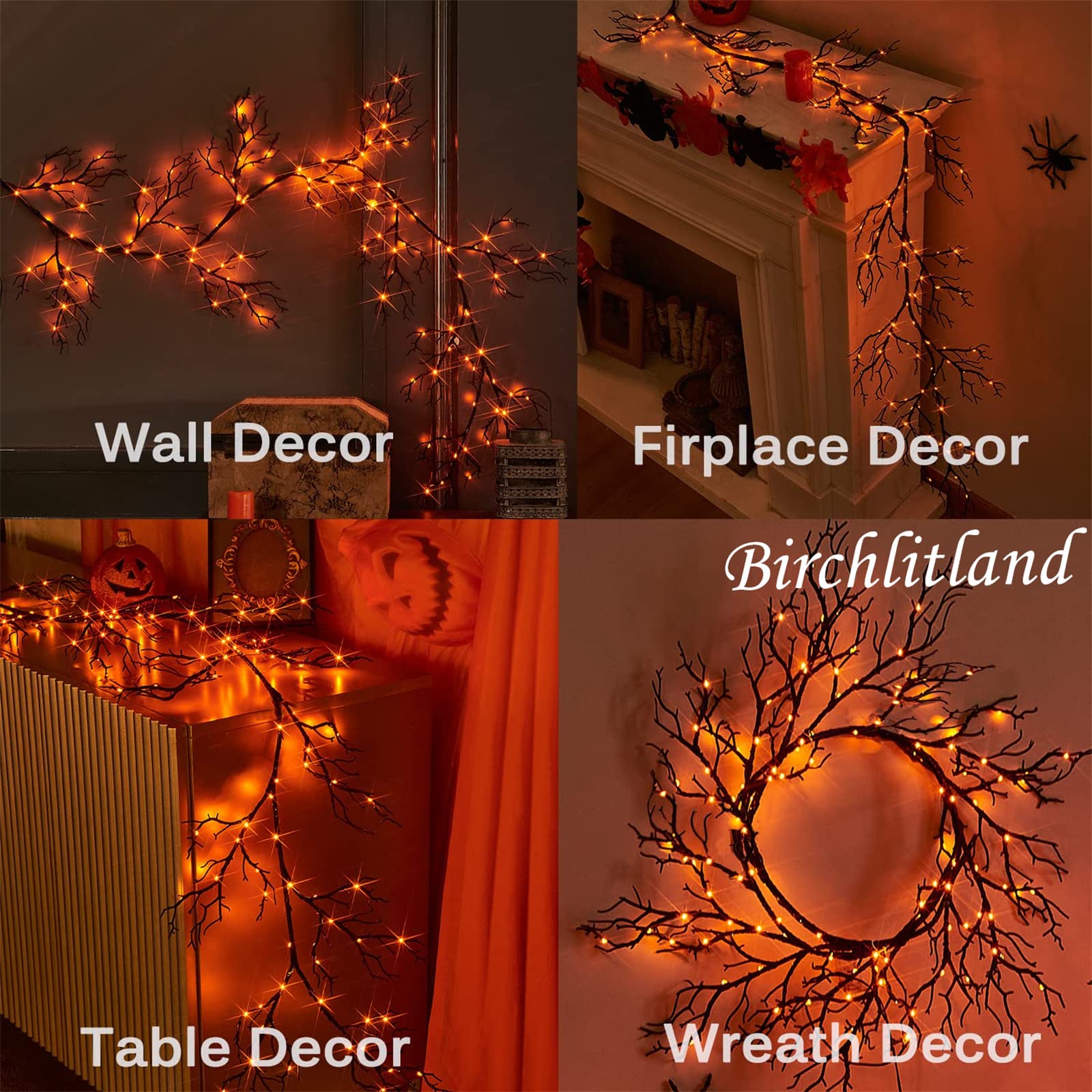 Birchlitland Halloween Lighted Garland 6Ft 120L Orange And Purple Bi-Color Led Lights 8 Functions, Black Glittered Garland Light