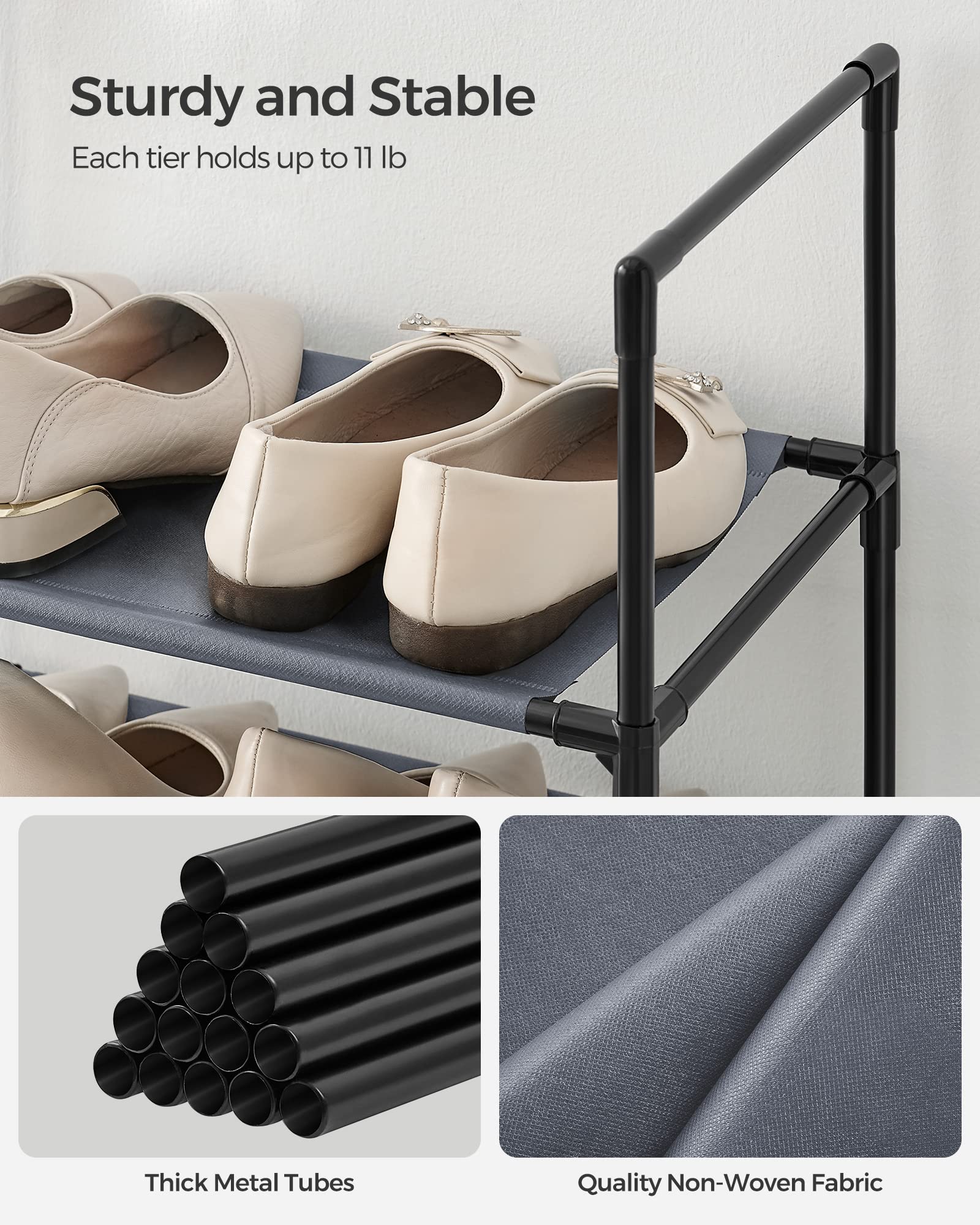 Songmics Shoe Rack, 10 Tier Shoe Shelf, Shoe Storage Organizer, Space-Saving, 11 X 17.7 X 68.1 Inches, Metal Frame, Non-Woven Fabric Shelves, For Entryway, Bedroom, Grey Ulsh010G01