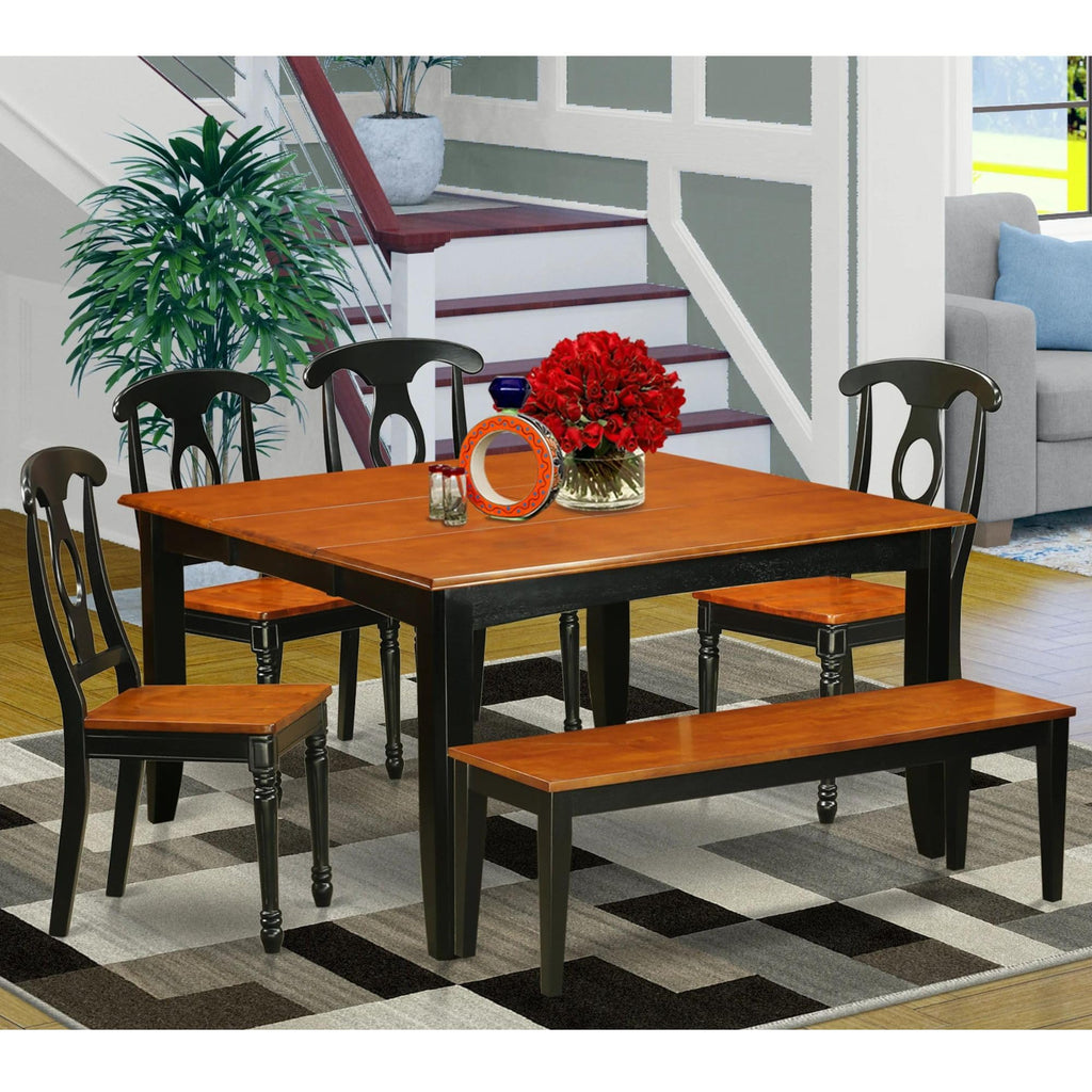 East West Furniture PFKE6-BCH-W 6 Piece Dining Table Set Contains a Square Dining Room Table with Butterfly Leaf and 4 Wooden Seat Chairs with a Bench, 54x54 Inch, Black & Cherry