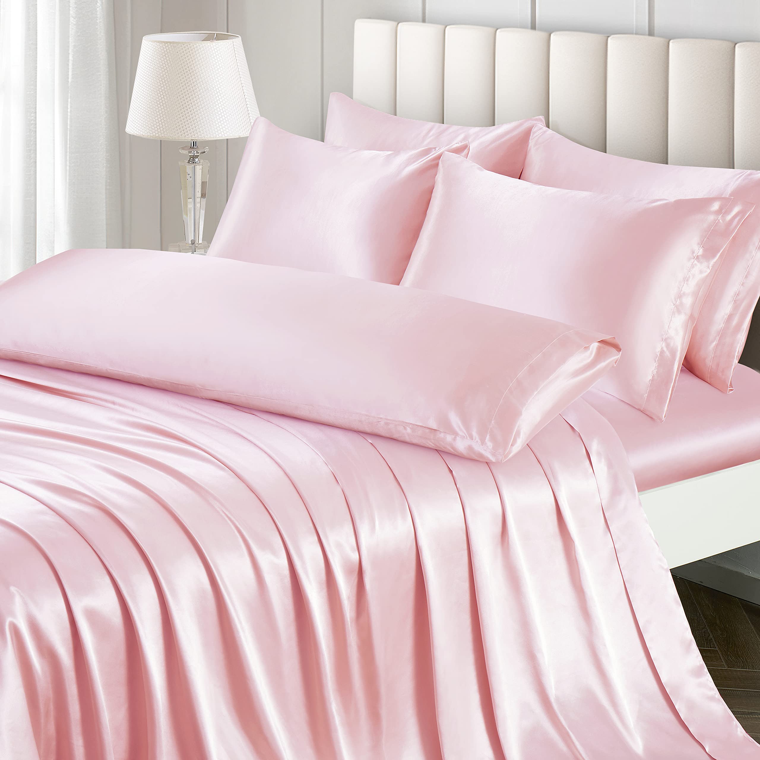 Ersmak 7 Pieces Satin Sheets Set Queen Size, Luxury Silky Blush Pink Satin Bed Sheets Set With 1 Deep Pocket Fitted Sheet, 1 Sof