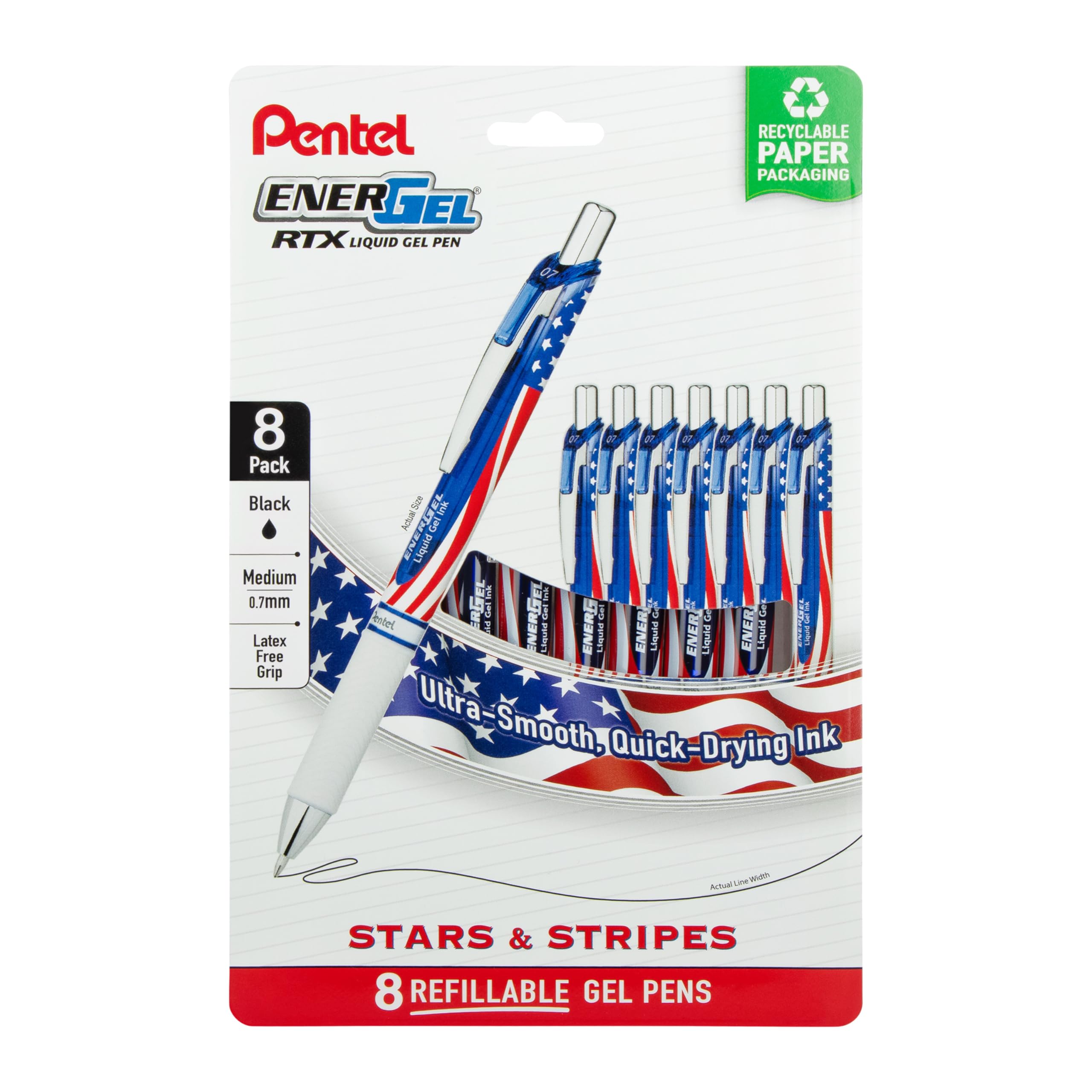 Pentel Energel Rtx Retractable Liquid Gel Pen, Flag Barrel, (0.7Mm) Metal Tip, Medium Line, Black Ink, Pack Of 8 Pens