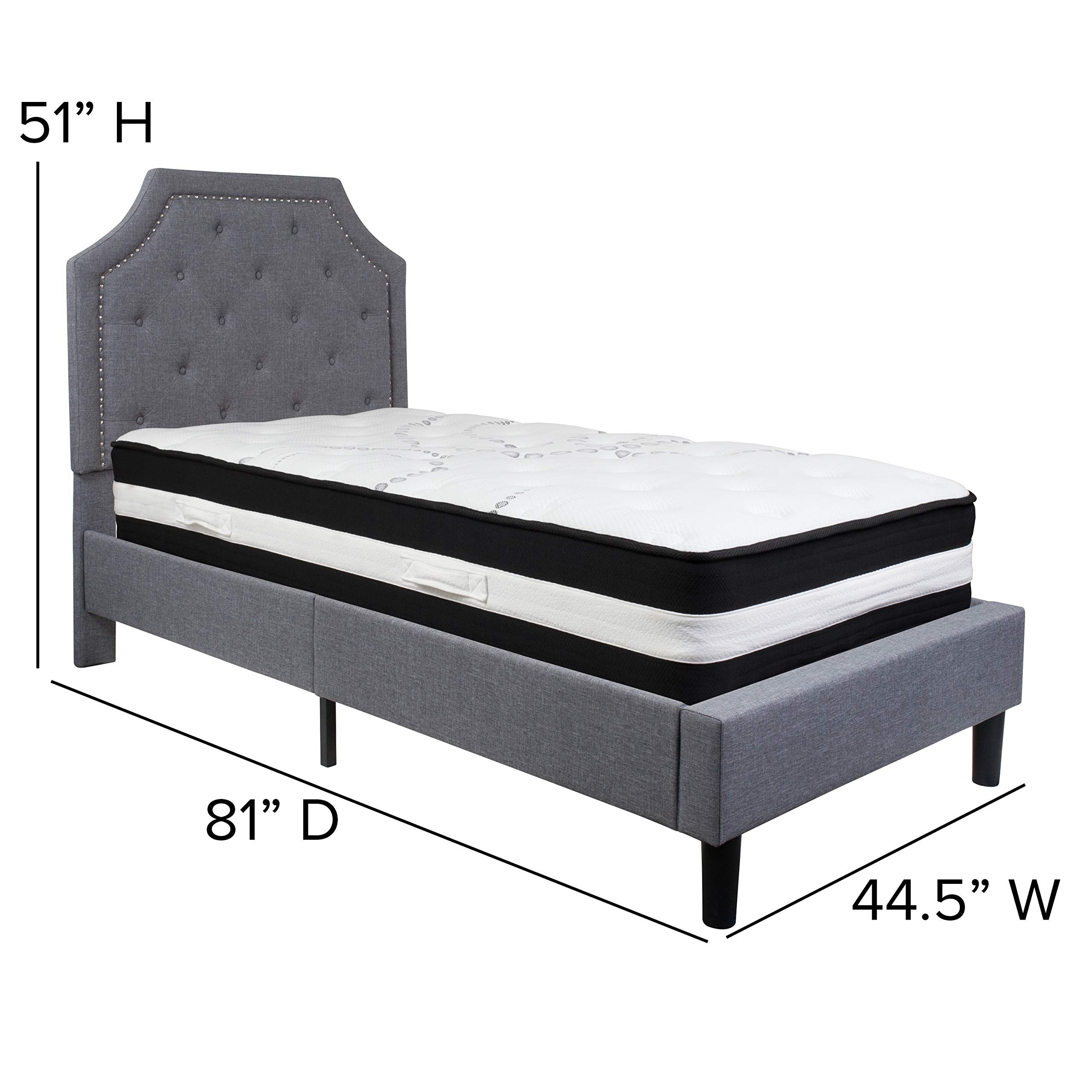 Flash Furniture Brighton Twin Size Tufted Upholstered Platform Bed In Light Gray Fabric With Pocket Spring Mattress