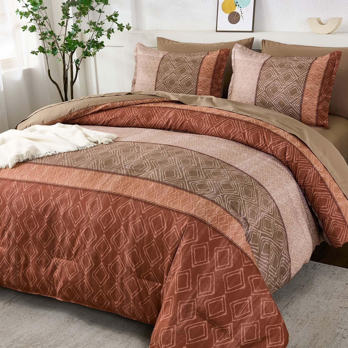 Dinjoy Boho Queen Comforter Set Red Brown,7 Piece Bed In A Bag Queen Size Warm Striped Bedding Sets With Plaid Comforters Bed Se