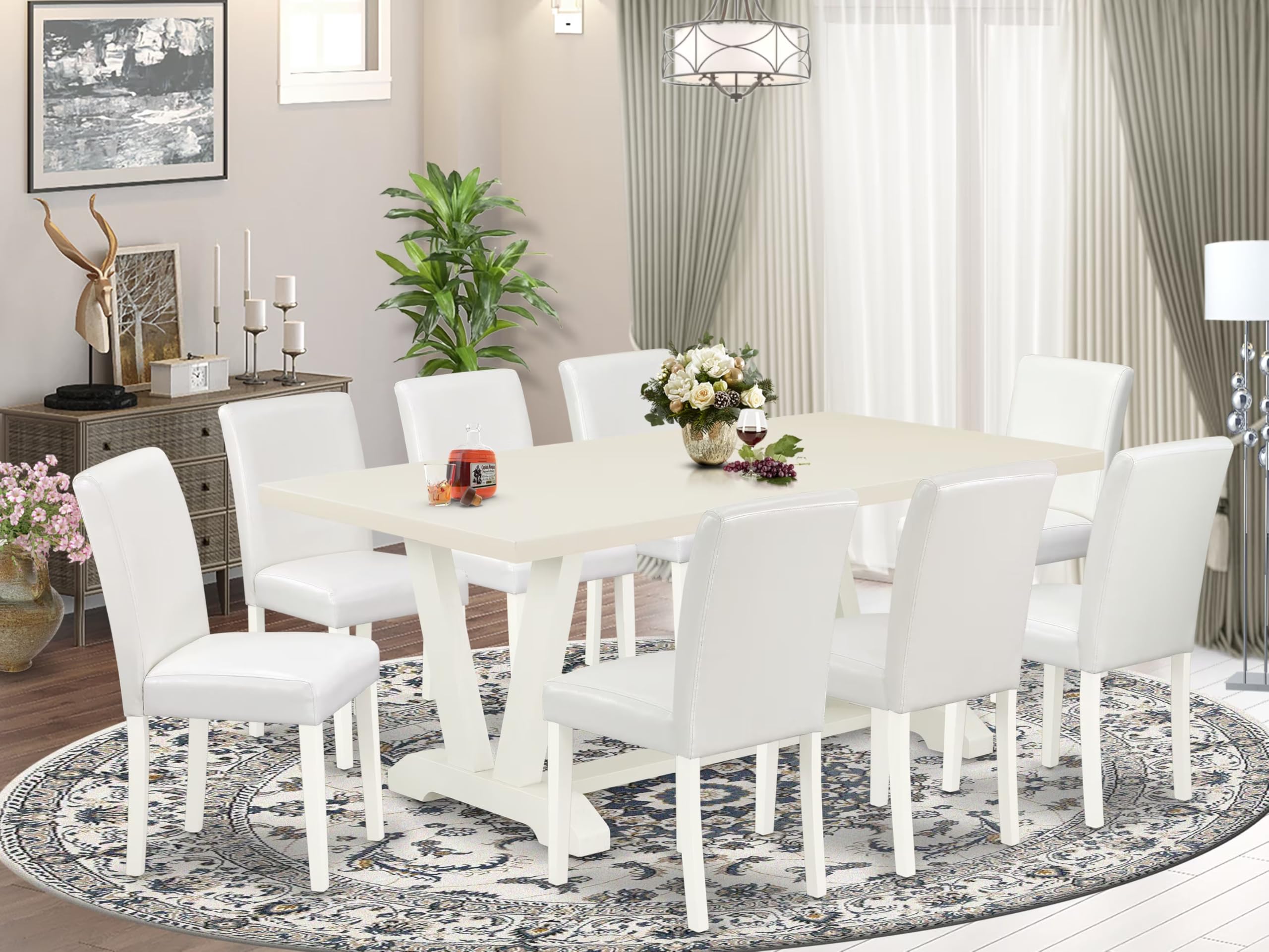 East West Furniture V027Ab264-9 9 Piece Modern Dining Table Set Includes A Rectangle Wooden Table With V-Legs And 8 White Faux Leather Parson Dining Chairs, 40X72 Inch, Multi-Color
