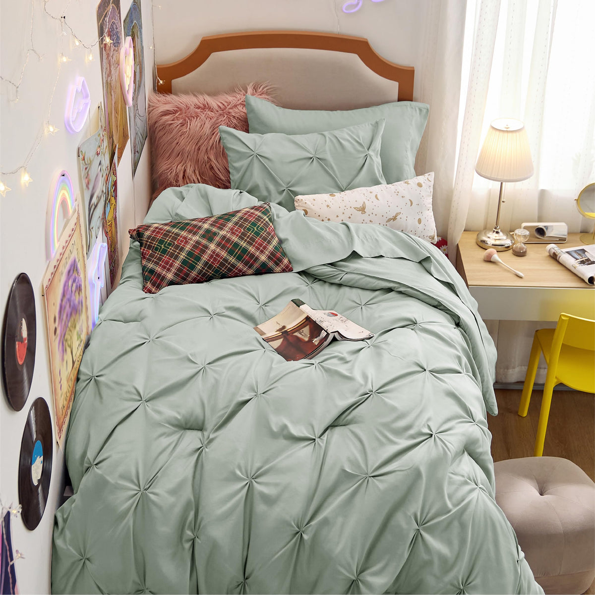 Bedsure Twin Size Comforter Set - Bed In A Bag Queen 5 Pieces, Pintuck Beddding Sets Sage Green Bed Set With Comforter, Sheets,