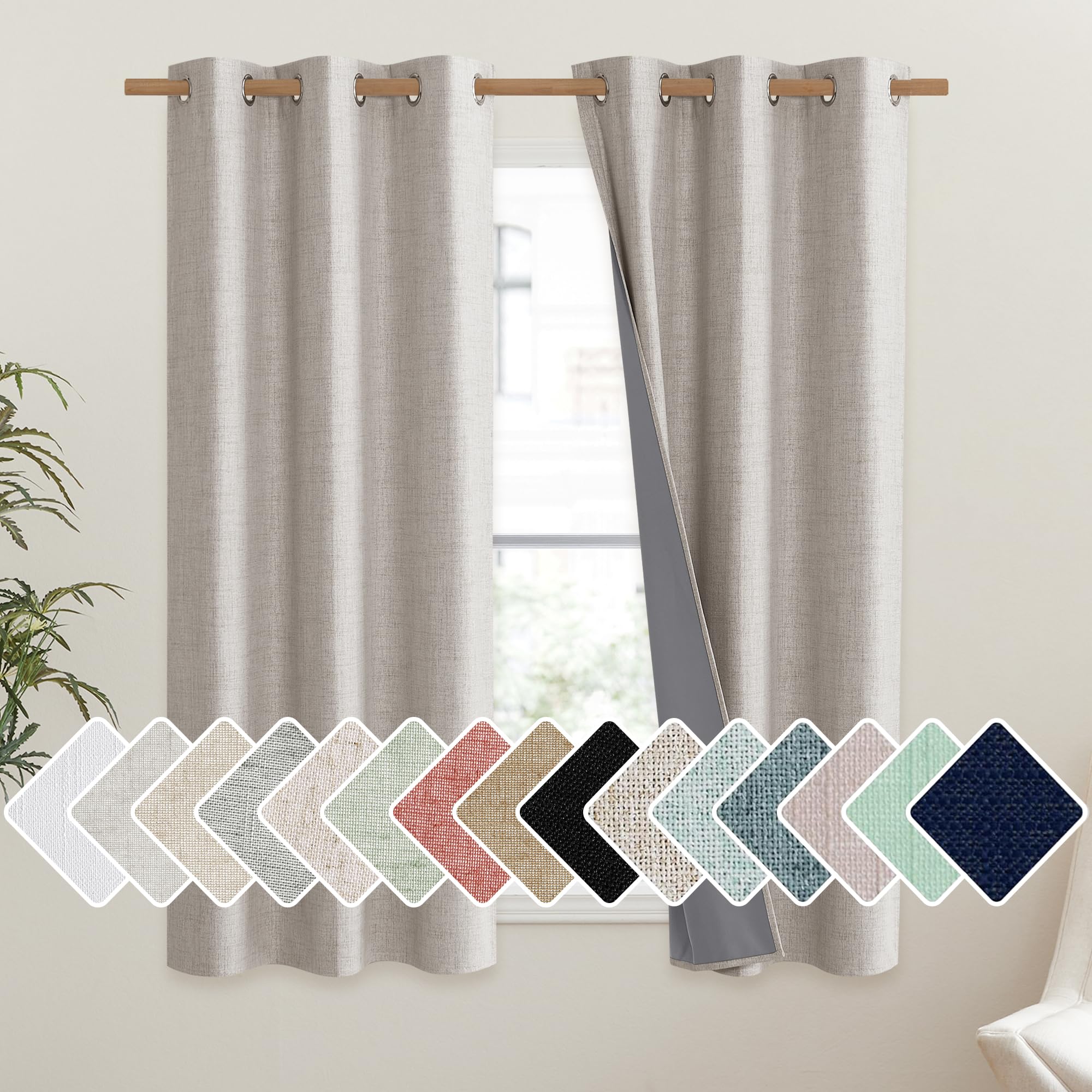 NICETOWN Brich Vintage Open Linen Weave Flax Thermal Curtains, 100% Blackout Curtains 63 Long for Dining Room, Soundproof Window