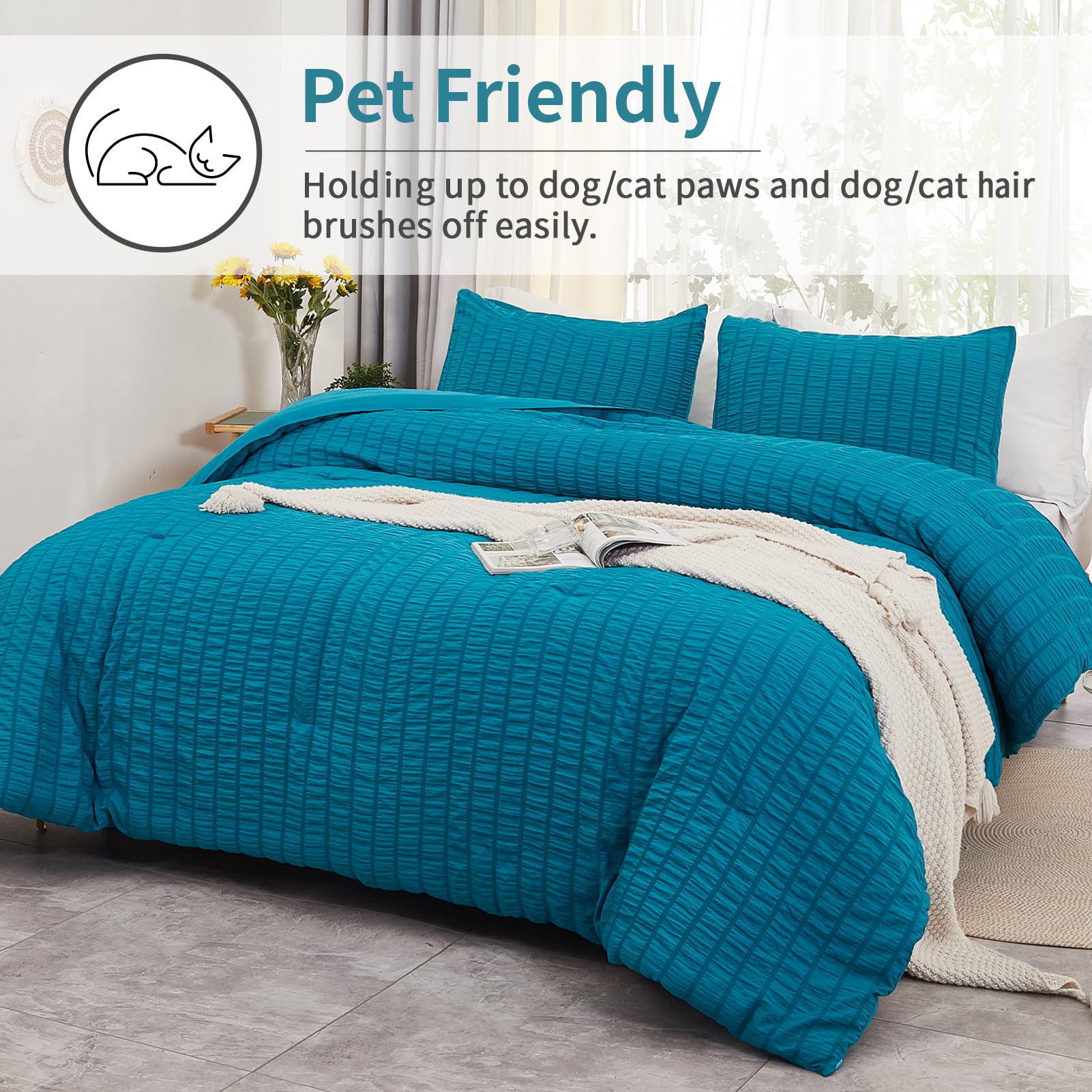 Avelom Teal Seersucker Full Comforter Set (80X90 Inches), 3 Pieces-100% Soft Washed Microfiber Lightweight Comforter With 2 Pillowcases, All Season Down Alternative Comforter Set For Bedding