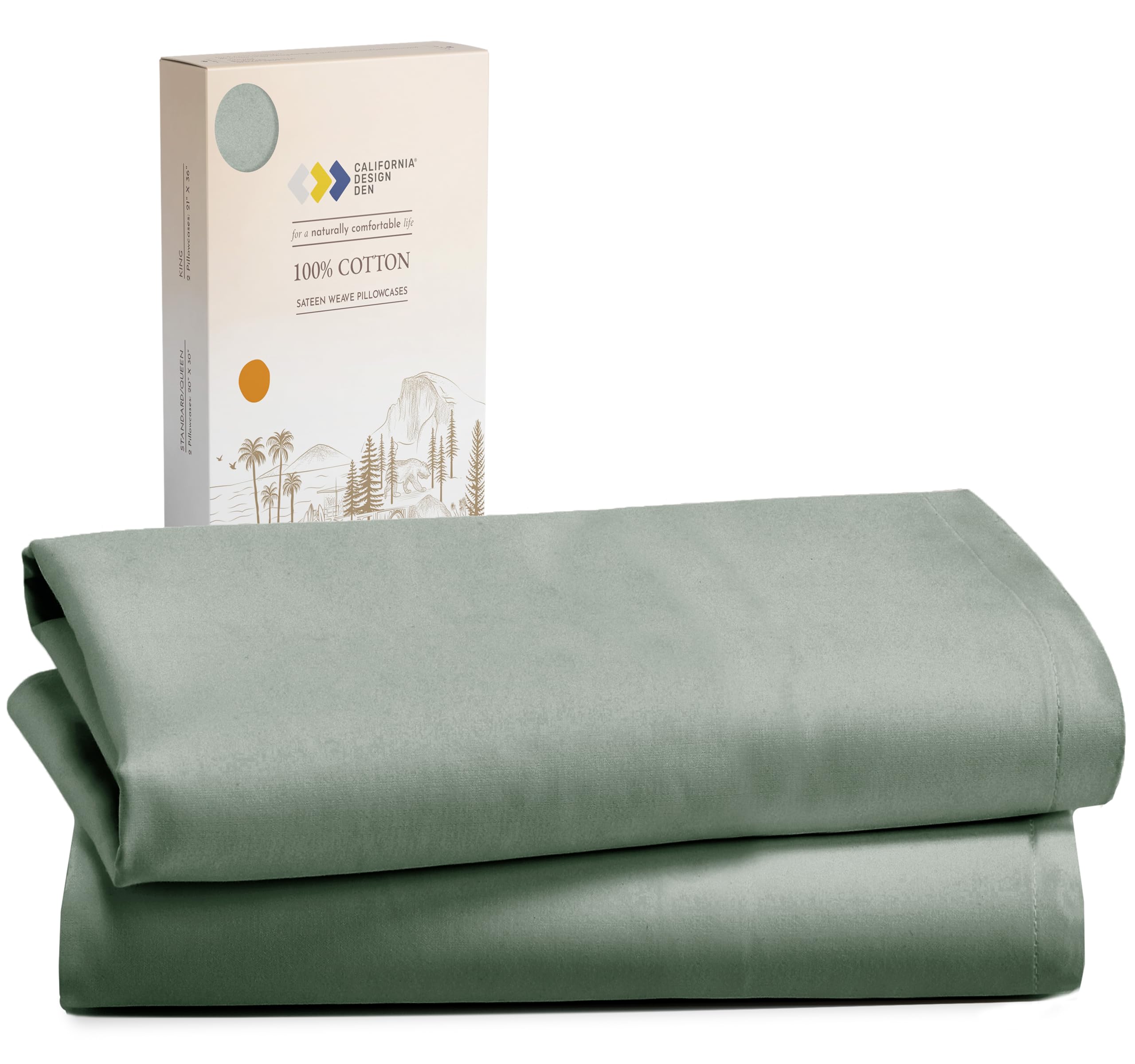 California Design Den 100% Cotton King Size Pillow Cases, King Size Pillowcases Set Of 2 Soft & Cooling Sateen Weave Cases, For King Size Pillows - Sage Green