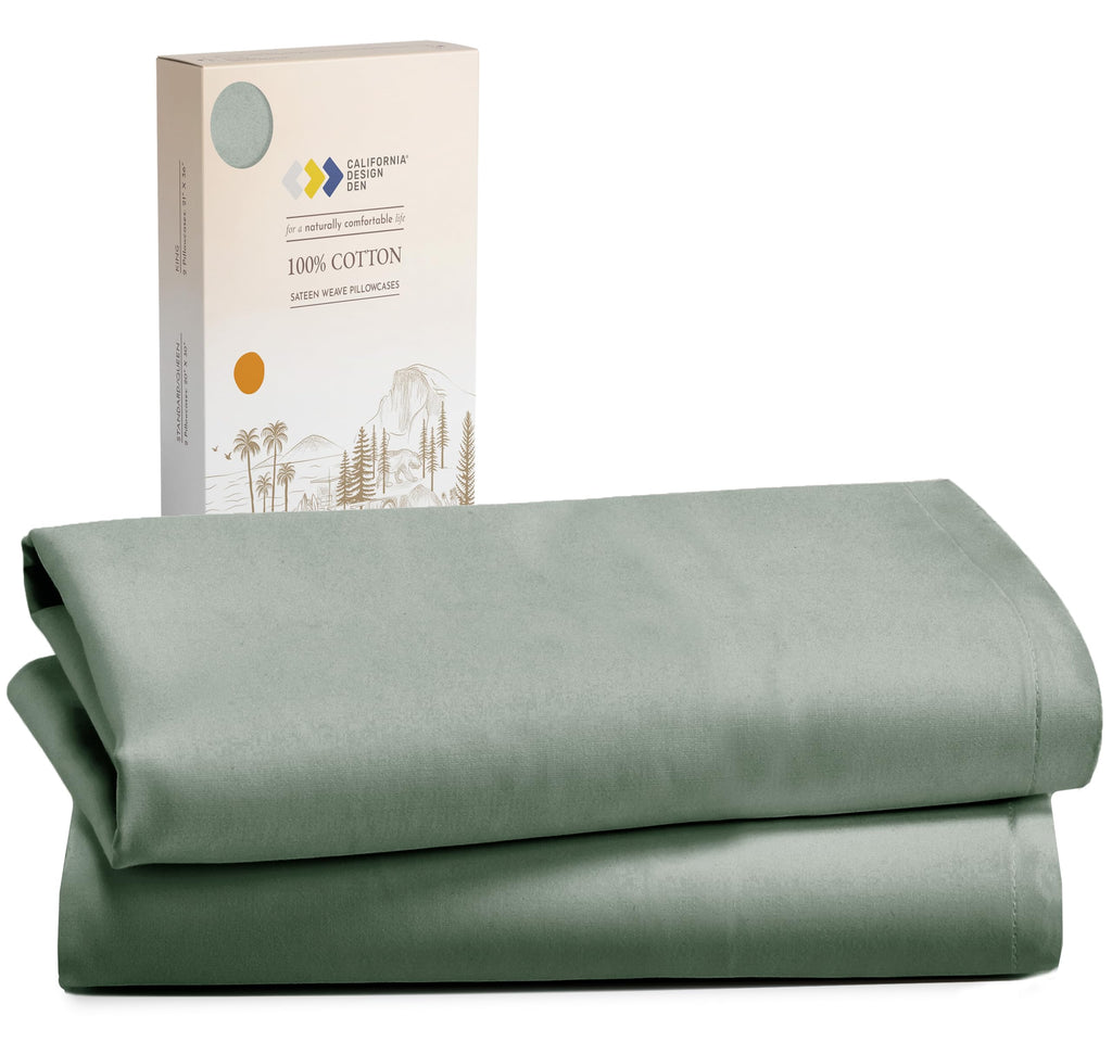 California Design Den 100% Cotton Pillowcases Queen Size Set Of 2, Standard/Queen Size Pillowcases - Soft & Cooling Sateen Weave Cases, For Queen And Standard Size Pillows - Sage Green