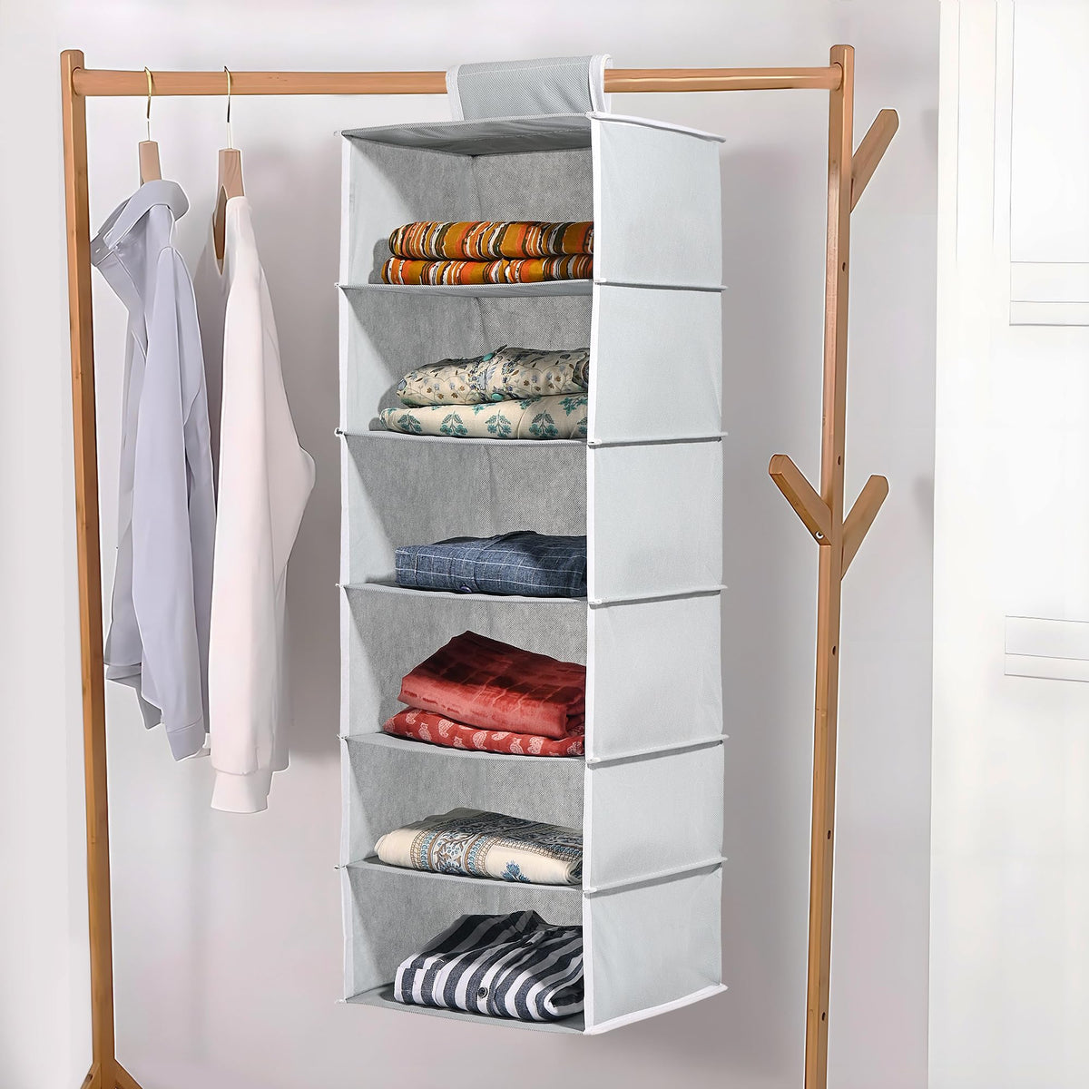 Kuber Industries 6Shelf Foldable Hanging Organizer for Wardrobe with Velcro | 10x15 Inch | Multipurpose Almirah Organizer Cloth