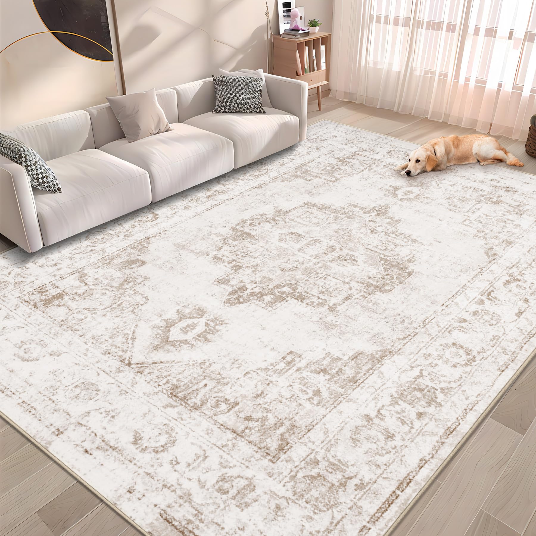 Area Rug 5x7 Vintage Rug: Washable Indoor Medallion Rugs Low Pile Distressed Floor Carpet Retro Accent Rug for Living Room Bedro