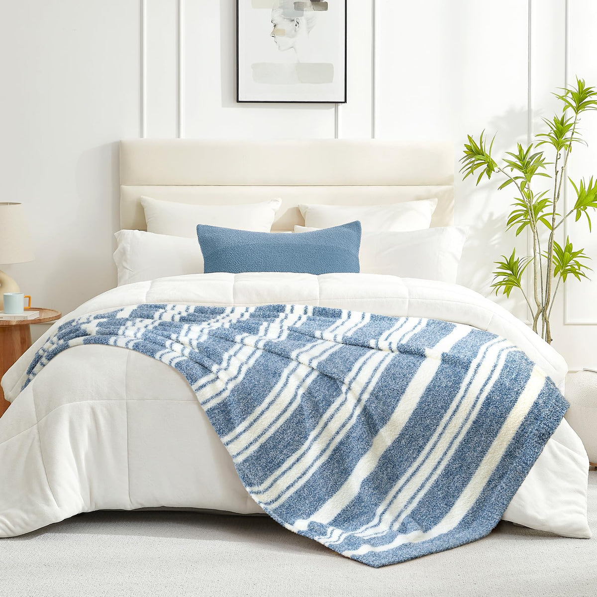 Snuggle Sac Stripe Blue Blankets Luxurious Microfiber Fabric, Reversible Super Soft Bedding Blankets Warm Cozy Knit Fuzzy Plush