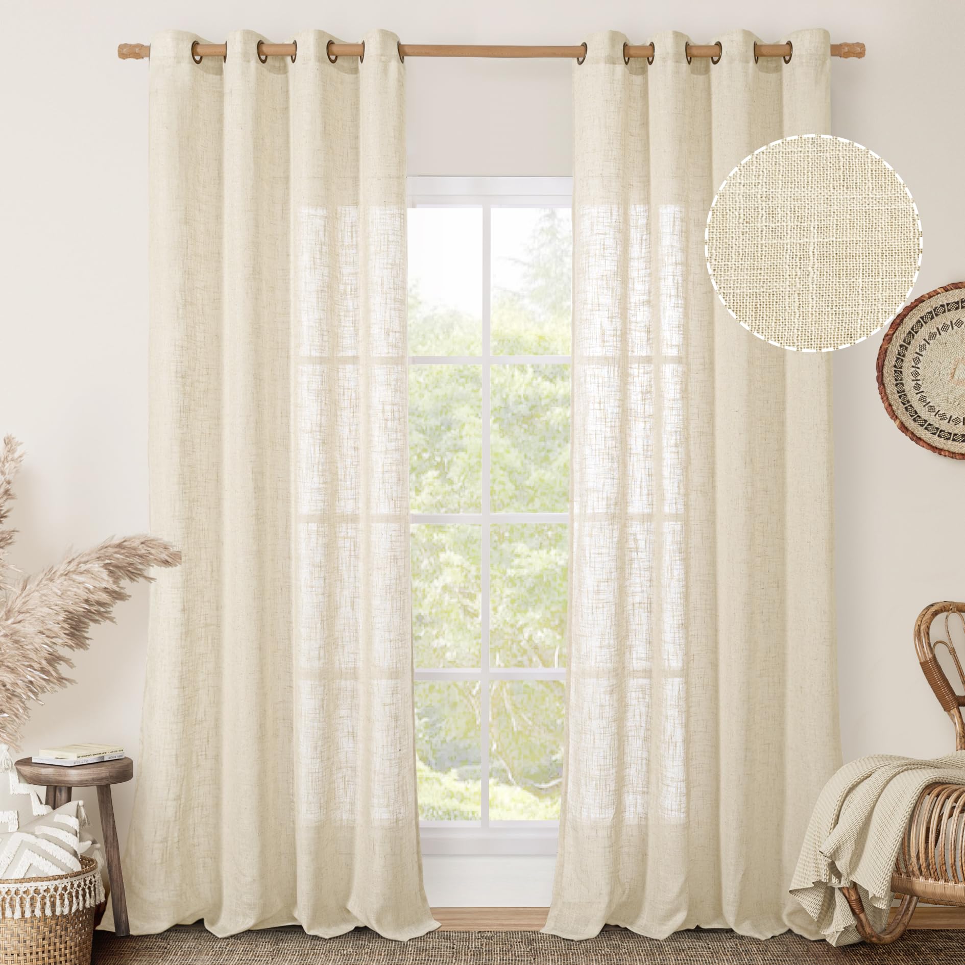 Lamit Beige Linen Curtains 84 Inch Length 2 Panels For Living Room, Light Filtering Boho Window Treatments Semi Sheer Neutral Th