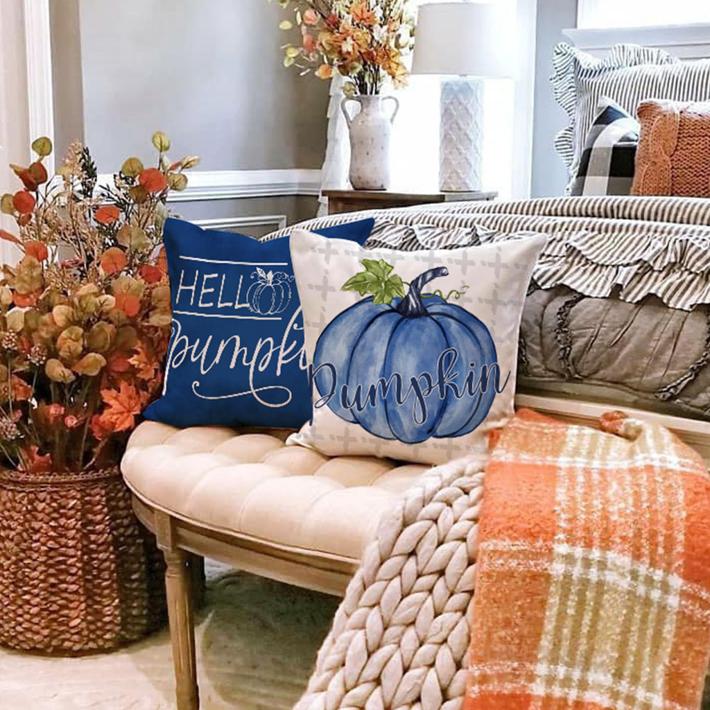 Dfxsz Fall Pillow Covers 20X20 Inch Set Of 4 Buffalo Plaid Fall Blue Pumpkin Throw Pillow Cover Autumn Thanksgiving Decoration F