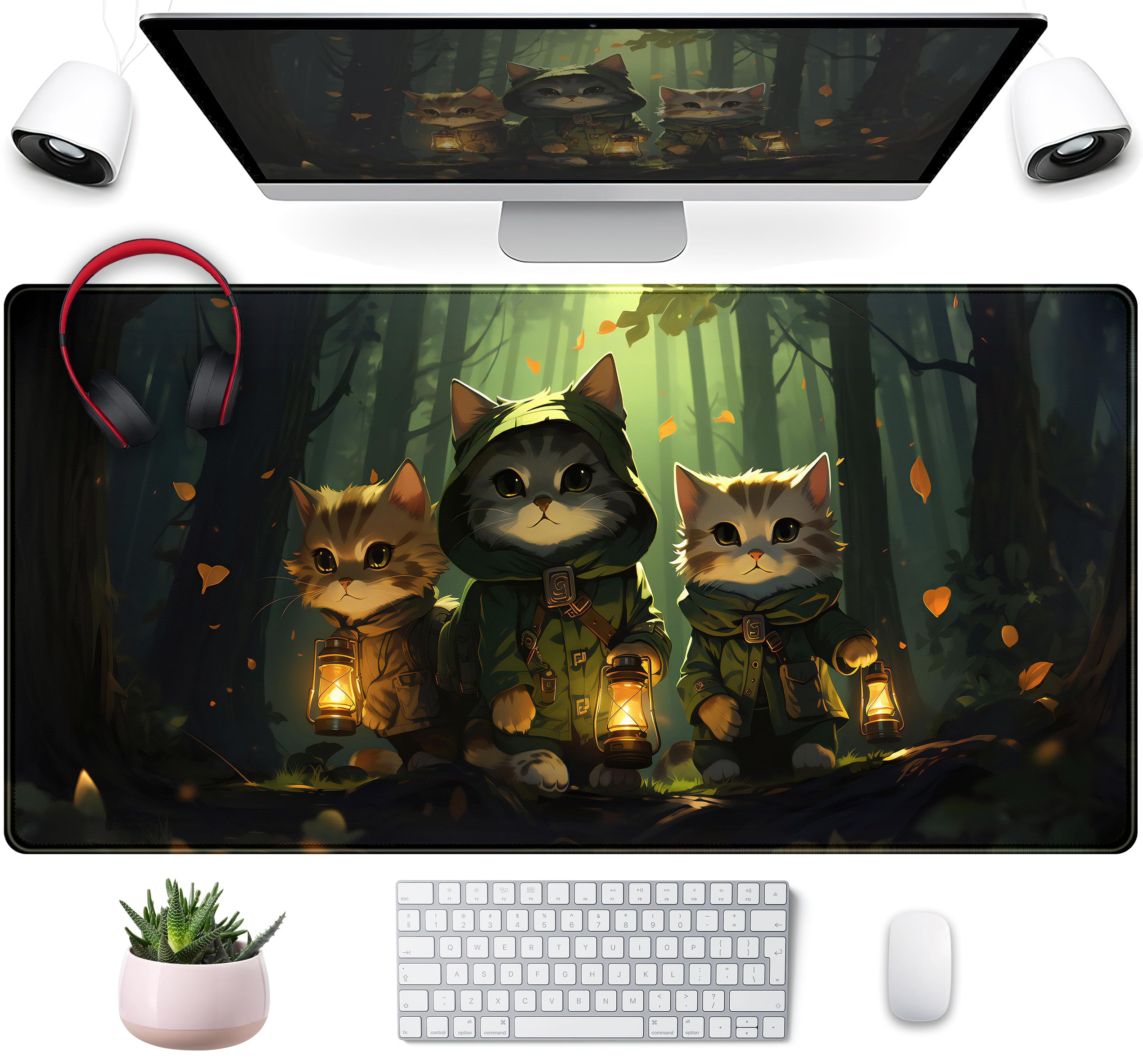 Forest Cats Desk Mat Anime Cat Desk Pad Cute, Kawaii Green Mouse Pad Xxl, Large Extended Gaming Mousepad Keyboard Mouse Mat With