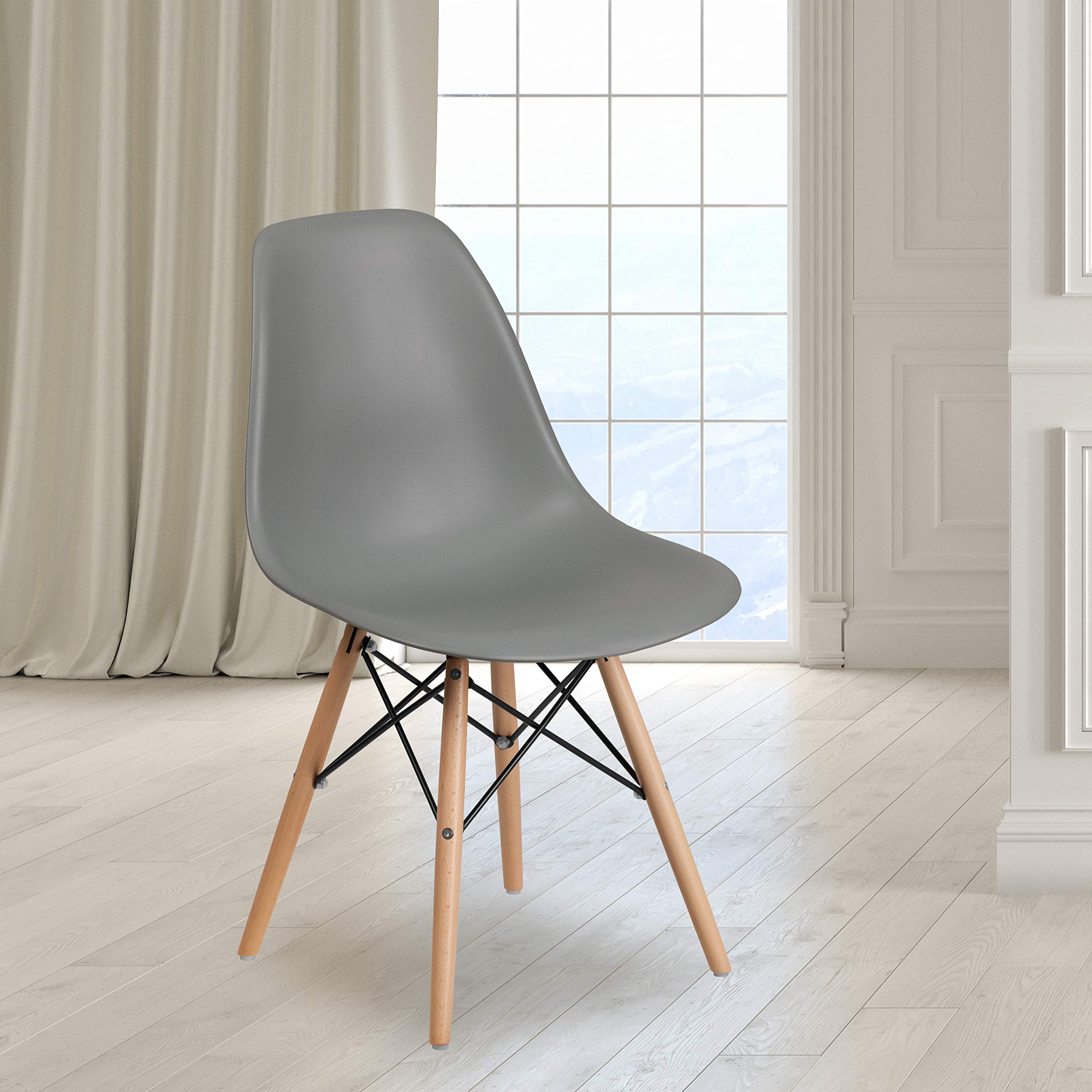 Flash Furniture Elon Series Moss Gray Plastic Chair With Wooden Legs For Versatile Kitchen, Dining Room, Living Room, Library Or Desk Use